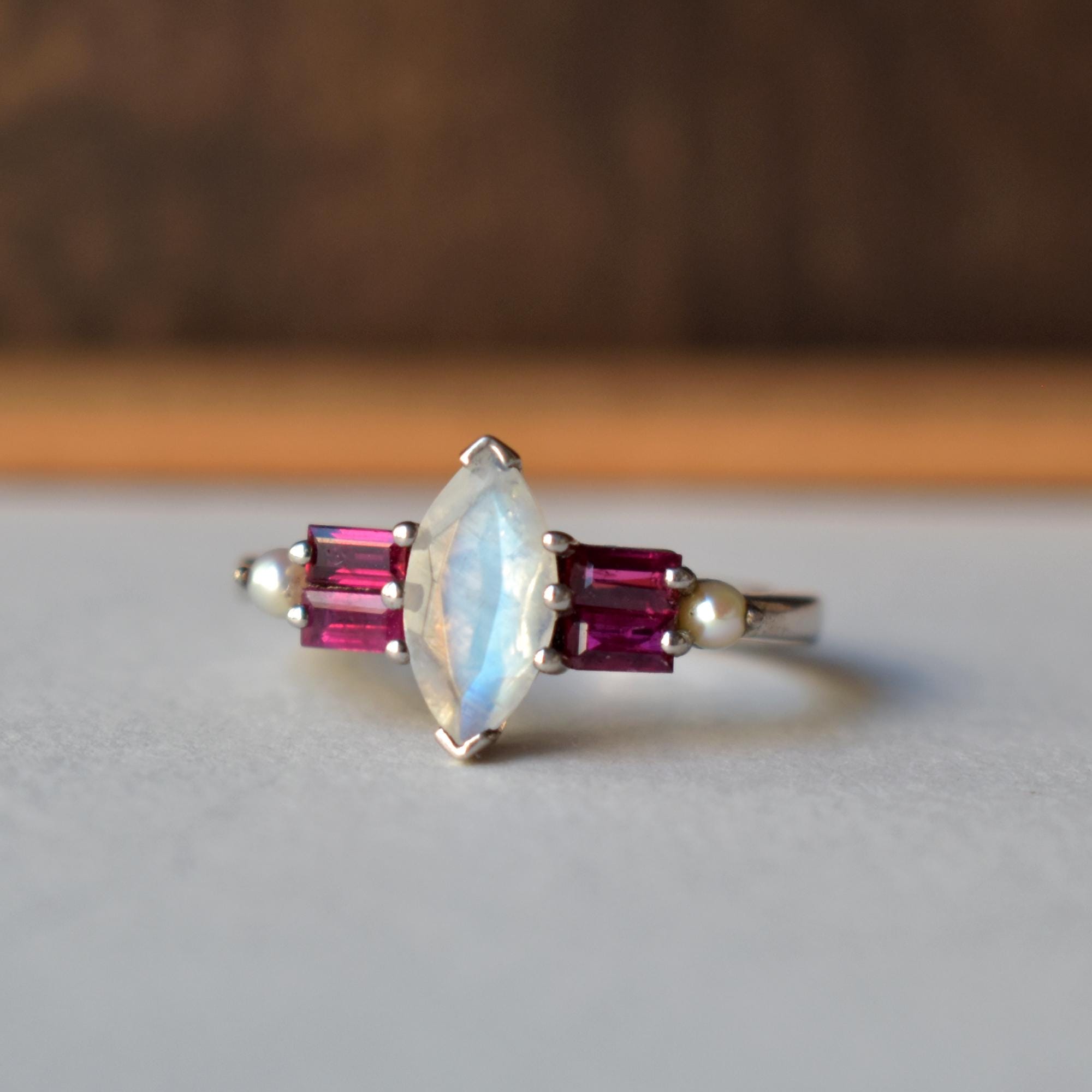 Natural Moonstone Ruby Pearl Sterling Silver Ring, Wonder Woman Inspired Unique Gemstone Jewelry Gift