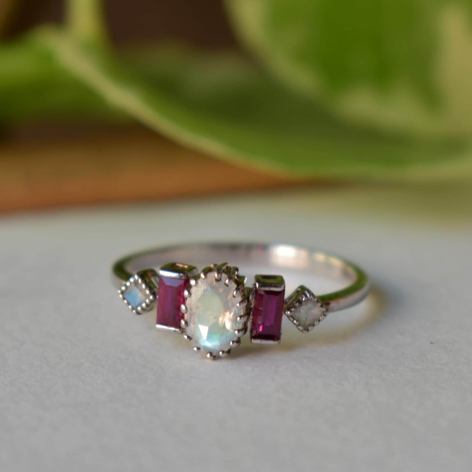 Natural Moonstone & Ruby 5 Gemstone Ring, Unique Journey Edwardian Ring