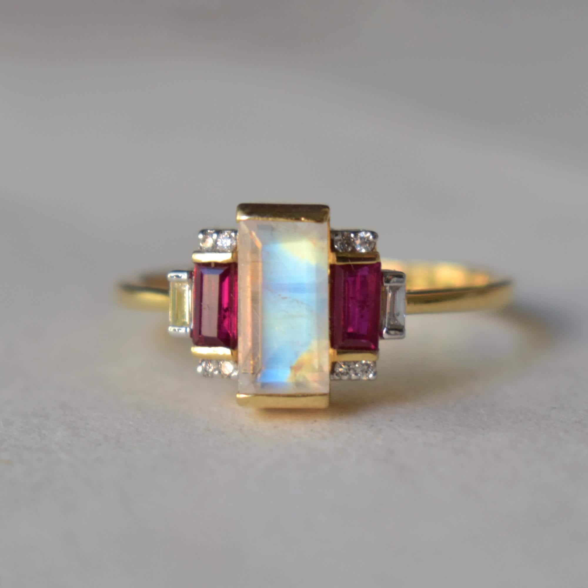 Natural Moonstone Ruby & Diamond Ring, 14K 18K Solid Gold Unique Geometric Ring, 3 Birthstone Statement Ring