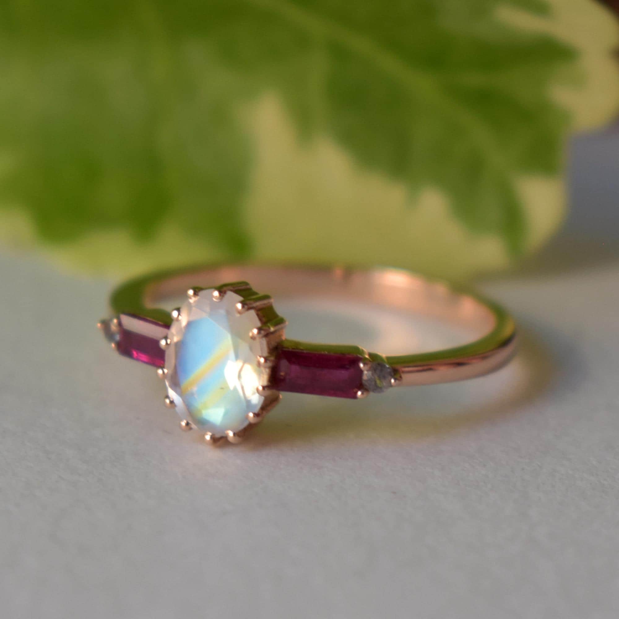 Natural Moonstone Ring with Ruby & Labradorite, 14k Rose Gold Mini Cooper Ring, Unique Gemstones