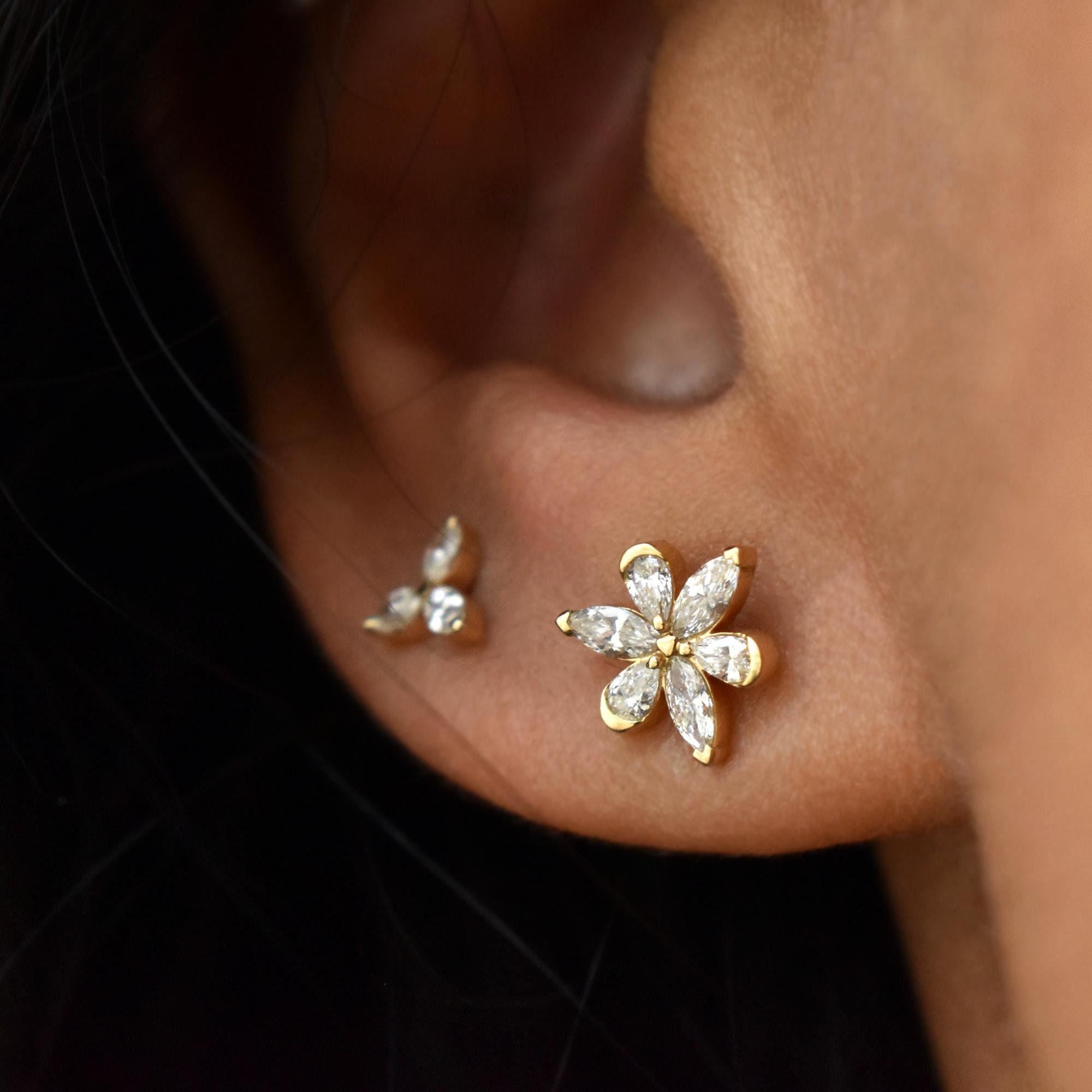 Natural Diamond Lily Earring, 14k 18k Solid Gold Flower Cluster Stud, Threaded Flatback 16g Earring, May Flower Piercing Jewelry, DDP