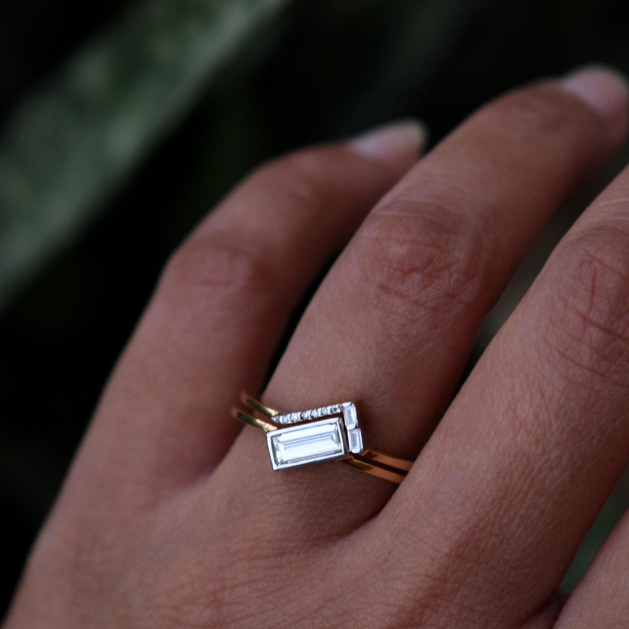 Diagonal Baguette Natural Diamond Engagement Ring with Nesting Band, 14K 18K Solid Gold Wedding Ring Set DDP