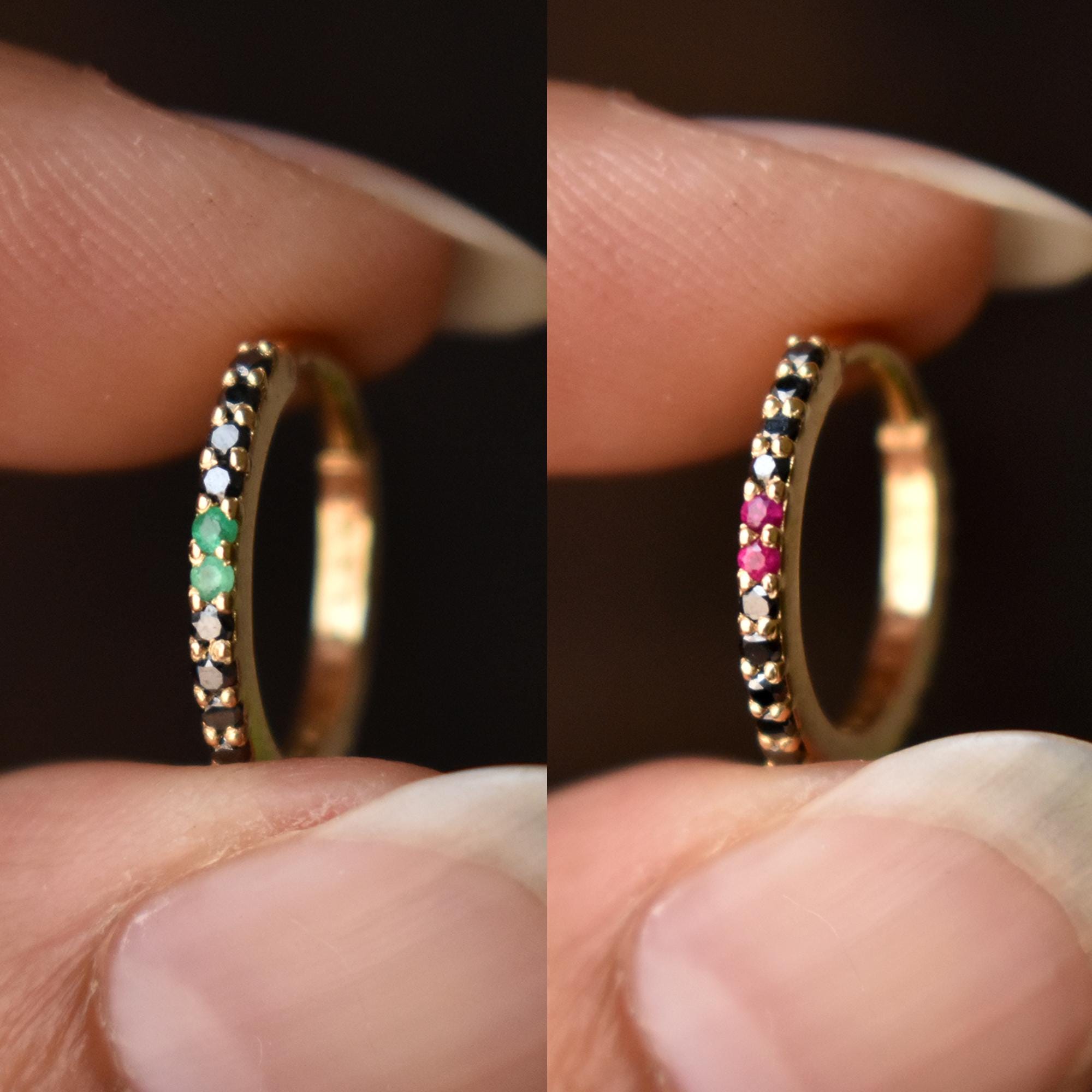 11mm Natural Black Diamond Clicker with Emerald and Ruby, 14k 18k Solid Piercing Conch Hoop