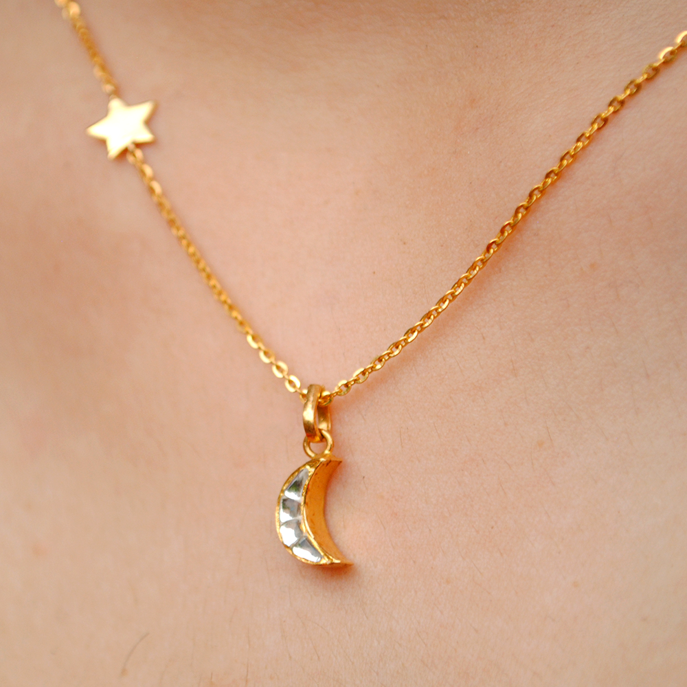 18K Gold Crescent Moon & Star Necklace With Imitation Kundan
