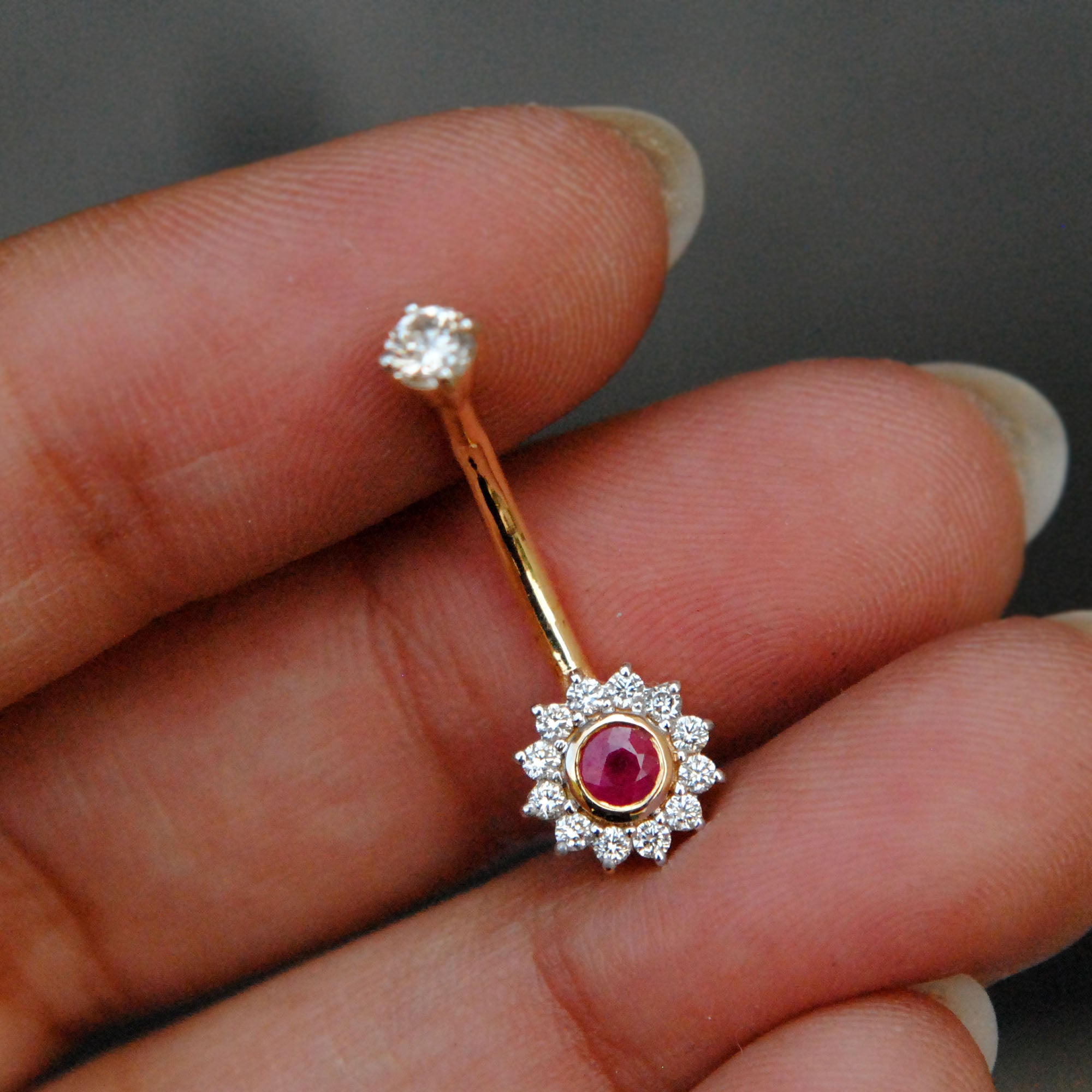 14g Floral Diamond & Ruby Floating Belly Bar
