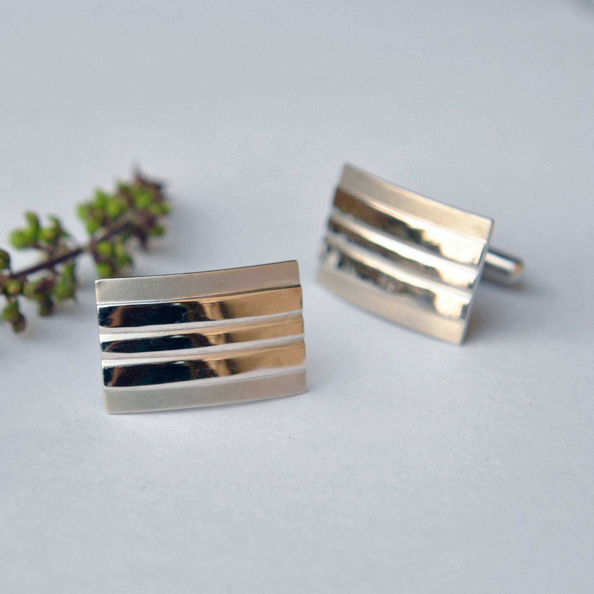 White Gold Geometric Cufflinks for Men in 14K Solid Gold, Matte & Glossy Rectangular Cufflinks