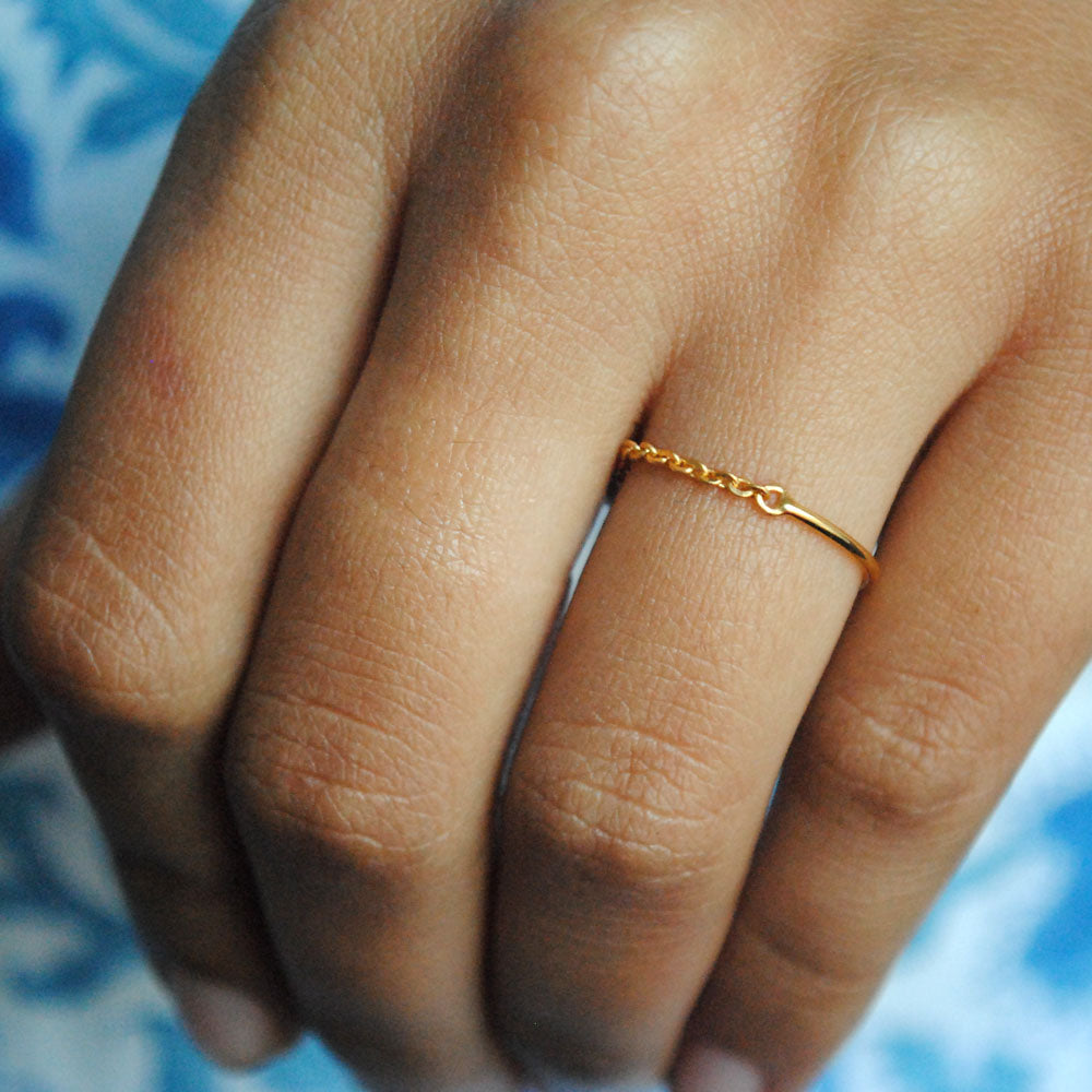 Simple Skinny 18K Solid Gold Chain & Band Stacking Ring - Abhika