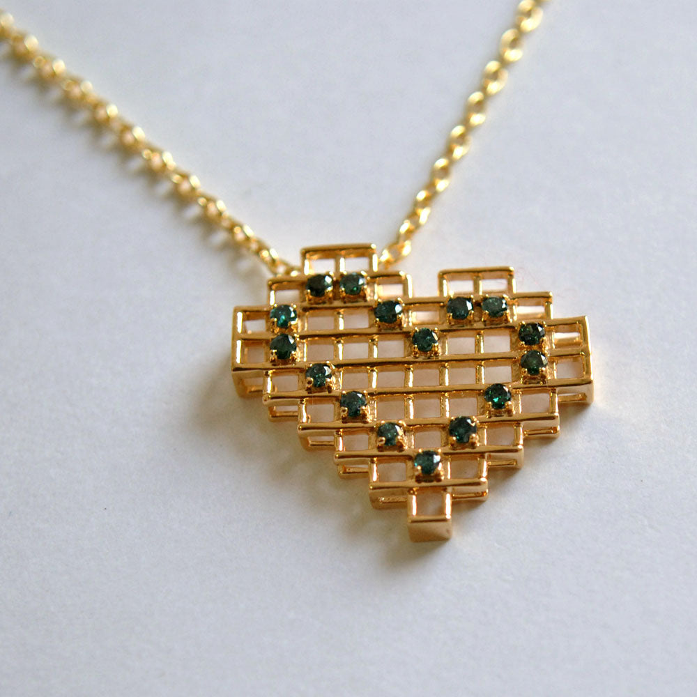 Asymmetric Solid Gold Pixel Heart Pendant Necklace with Green Diamonds