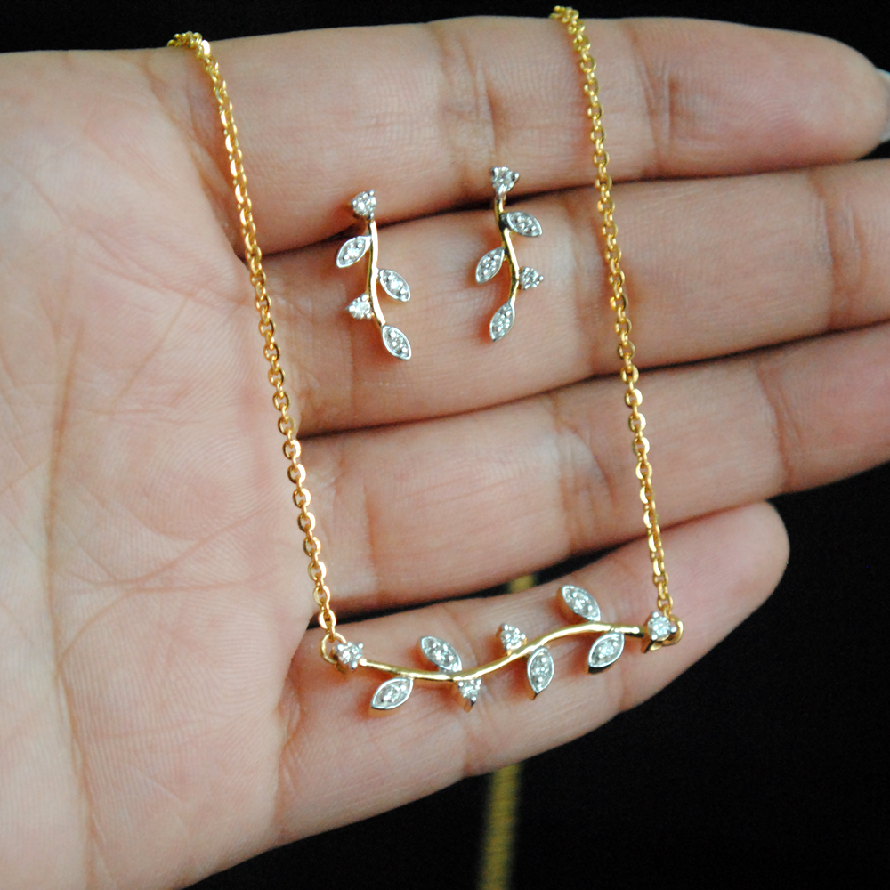 Diamond twig Leaf Necklace Set in 14K Gold with Matching Earrings (LP071)