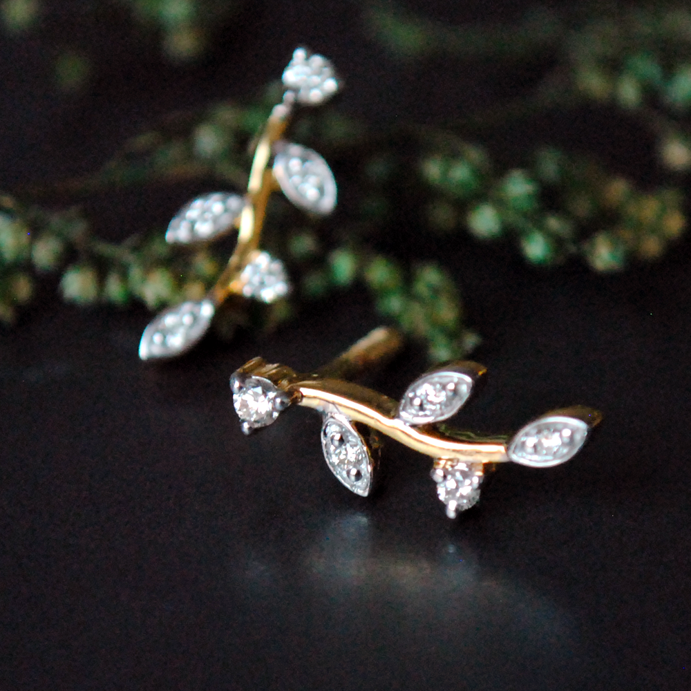 Diamond twig Leaf Necklace Set in 14K Gold with Matching Earrings
