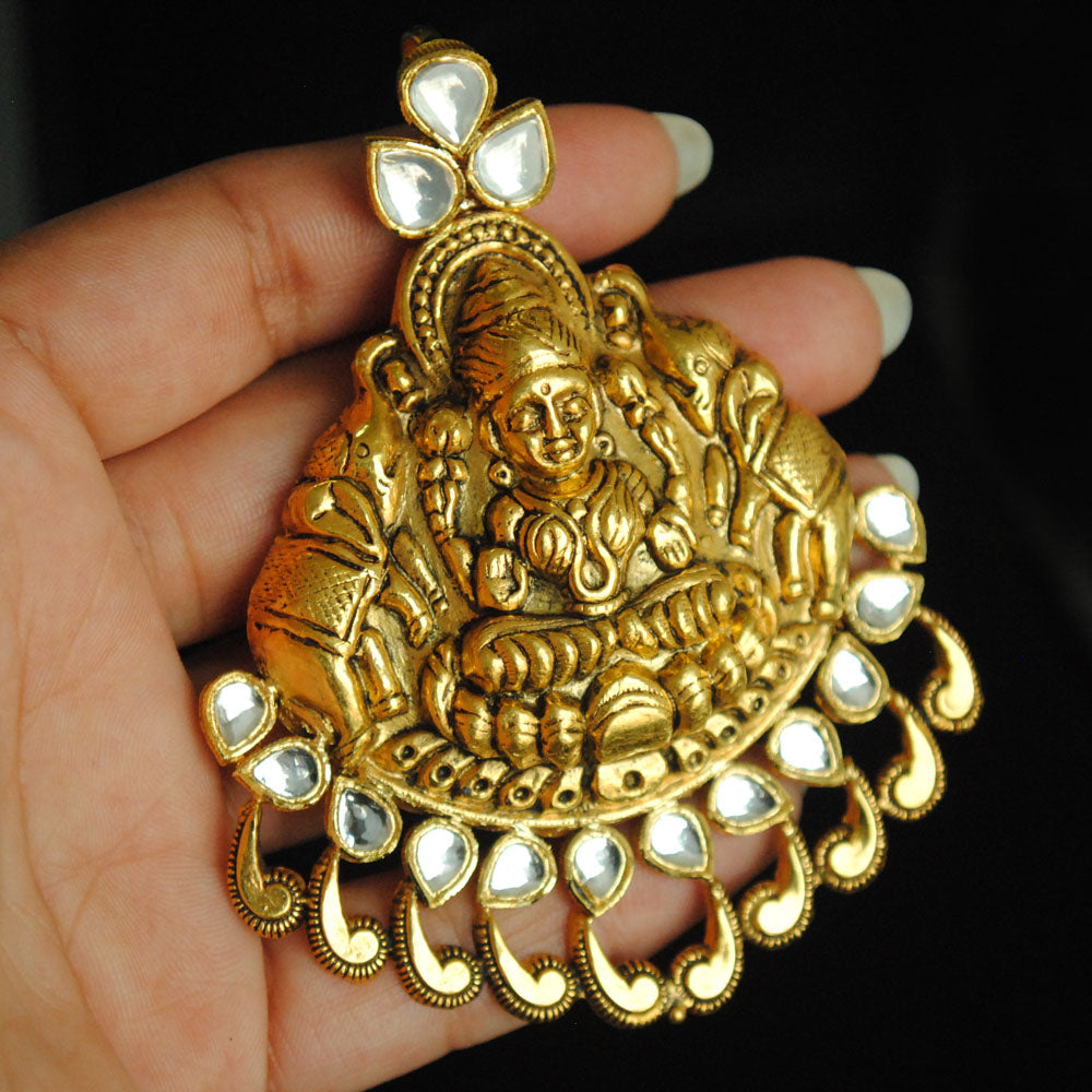 22K Solid Gold Temple Jewelry, Gold Laxmi Goddess Pendant Set, Indian Traditional Goddess Lakshmi and Elephant South Indian Jewelry Set