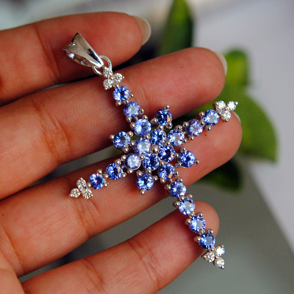Natural Blue Sapphire Criss Cross Pendant 14k Solid Gold Diamond Penda