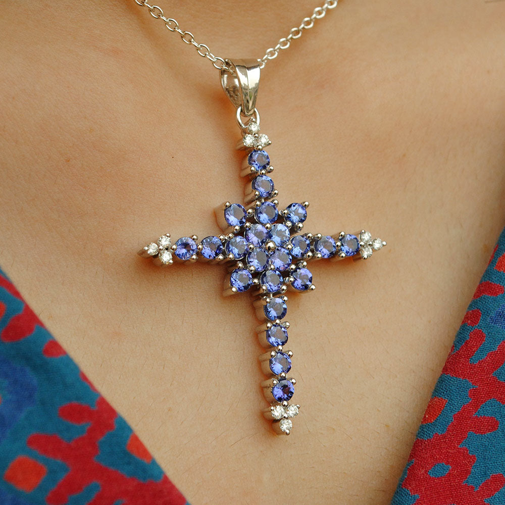 Ribbon Tanzanite Cross Necklace in Rhodium Plated Sterling Silver – Natalia  Drake