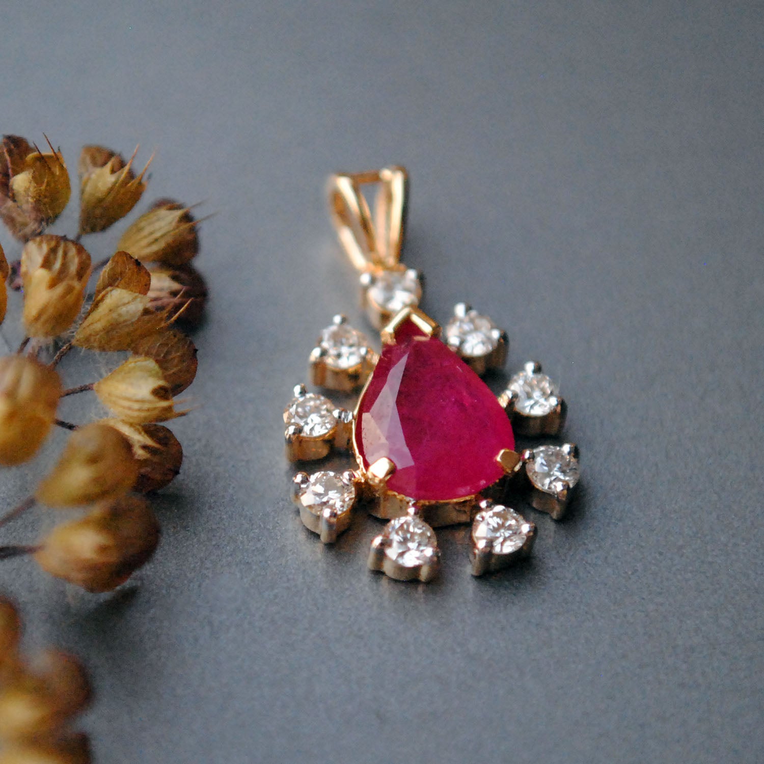 Pear Shaped Ruby and Diamond Halo Pendant in 14K Solid Gold