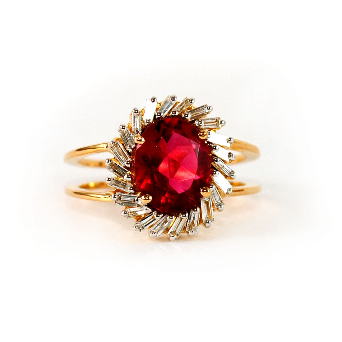 Baguette Diamond Ring with Oval Ruby center with Double Shank