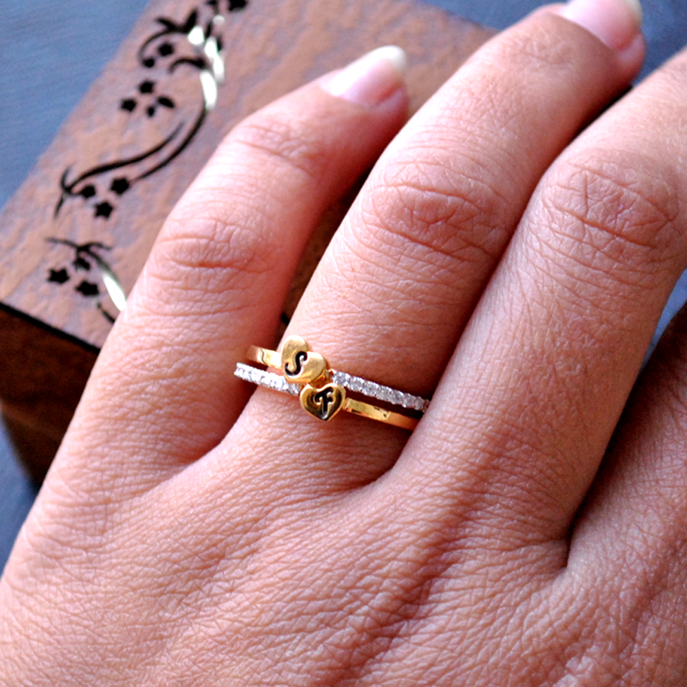 Custom Two Initial Ring with Diamond Band Abhika Jewels