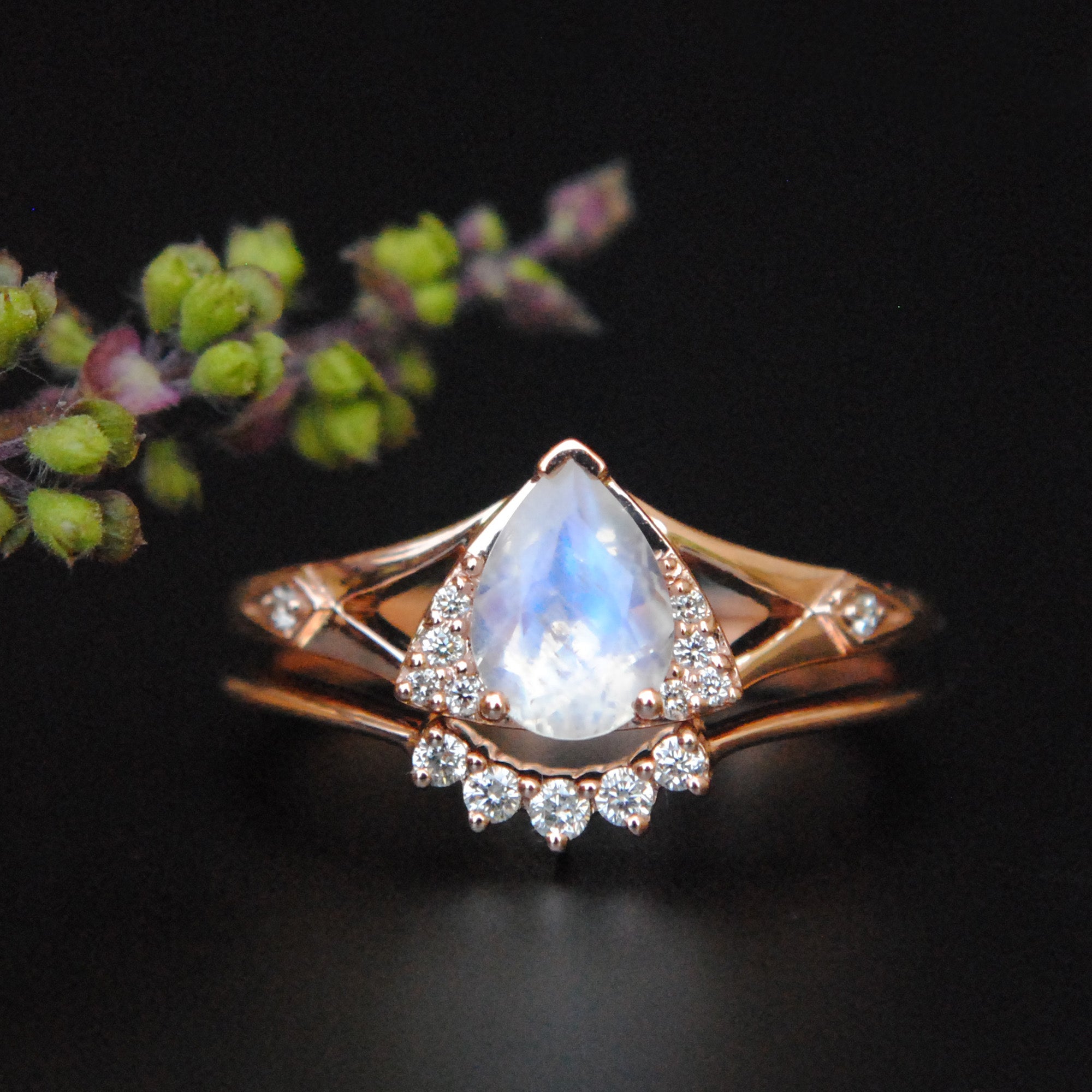 Trillion Moonstone Ring with Curved Diamond Band Set, 14k Solid Gold Pear Rainbow Moonstone Engagement Ring and Diamond Stack Band