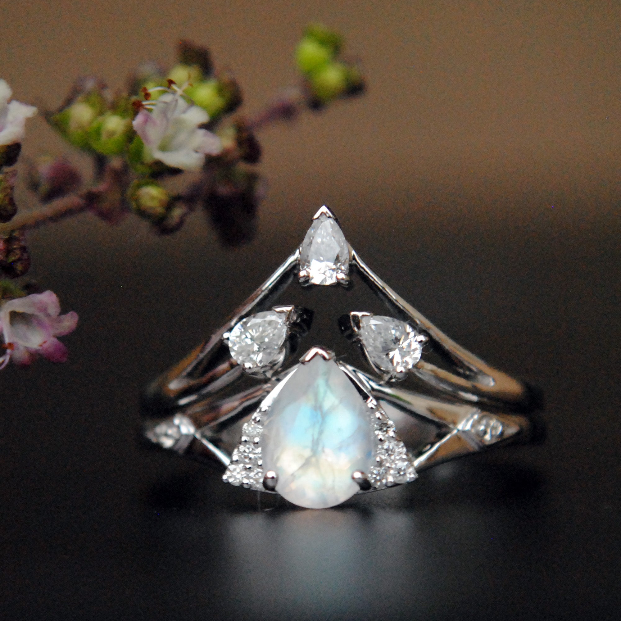 Moonstone Engagement Ring Set, Rainbow Moonstone and Pear Diamond V Ring Wedding Set