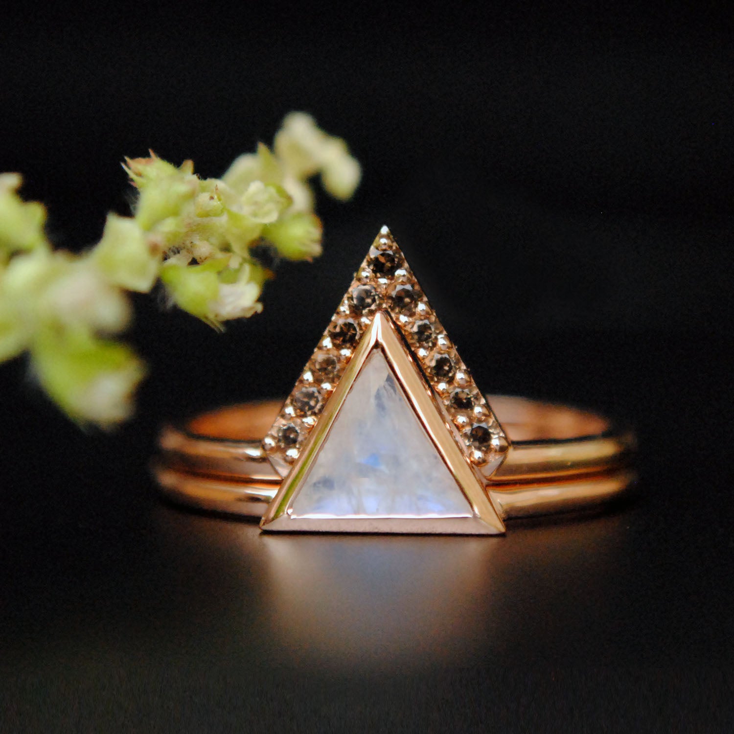 Triangle Moonstone & Smoky Quartz 2pc Wedding Ring Set