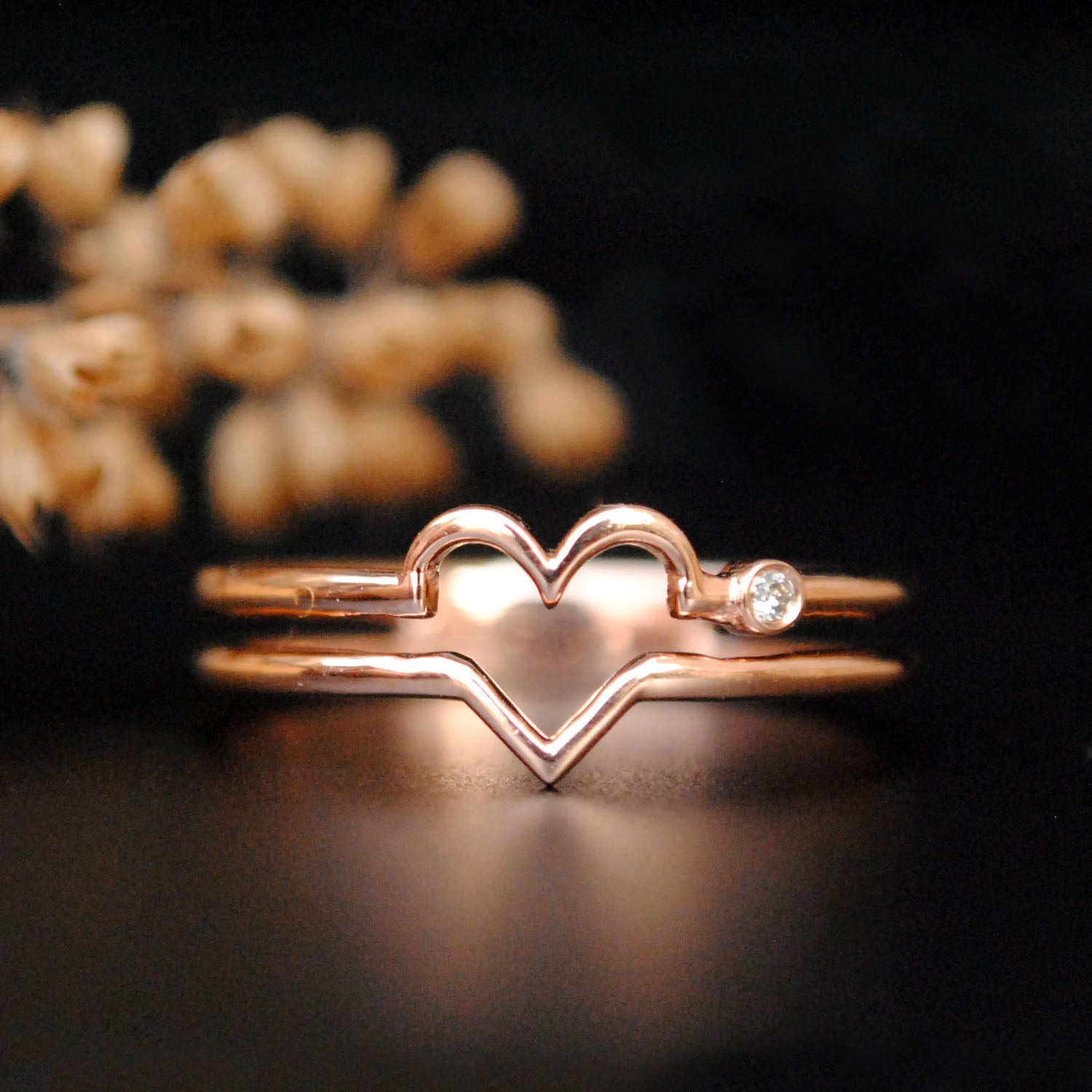 Double Band Love Heart Ring with Diamond