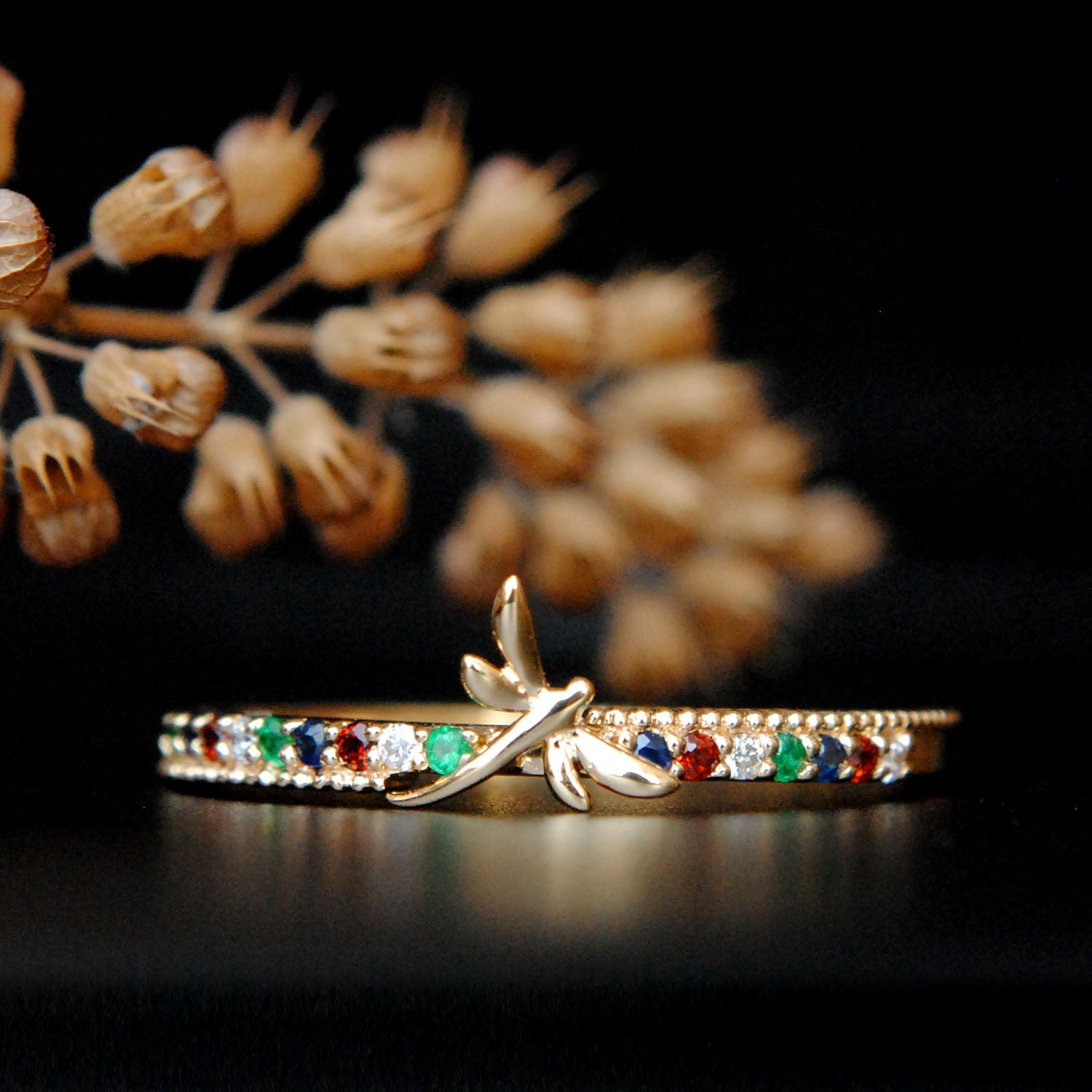 Dragonfly Damselfly on Diamond Garnet Sapphire Emerald Studded Band Ring