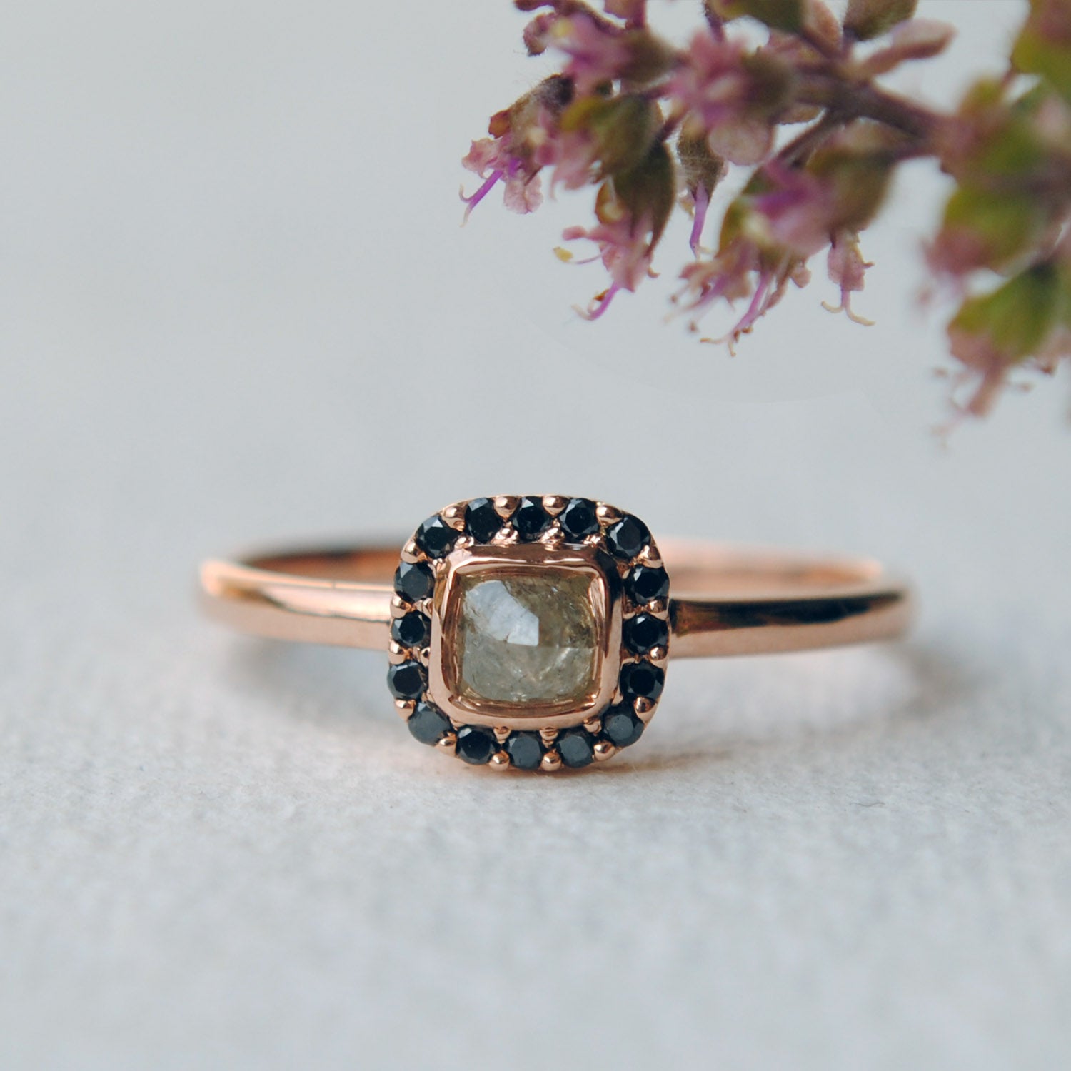 Raw Gray Diamond With Black Diamond Halo Alternative Engagement Ring