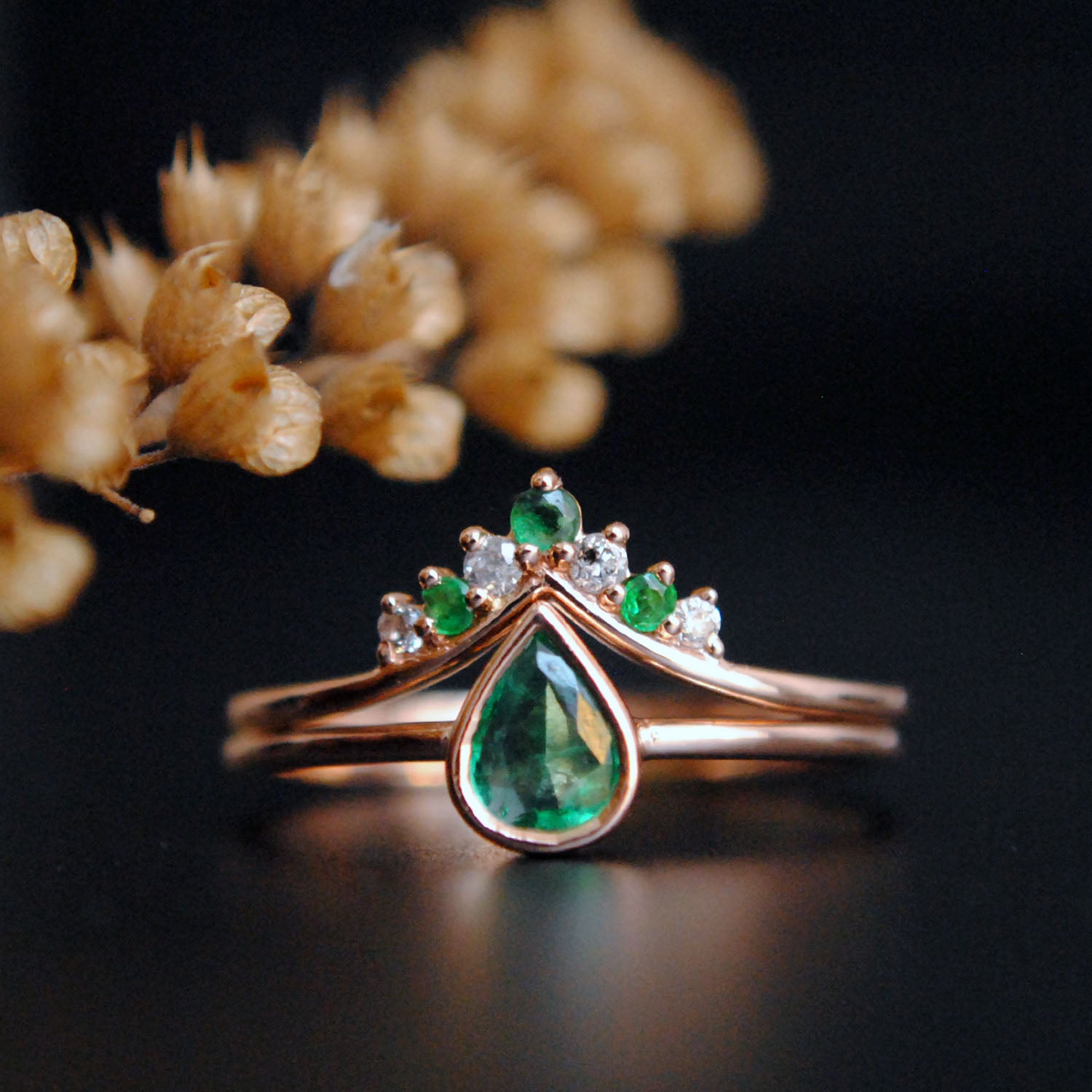 Pear Emerald and Salt Pepper Diamond Engagement Ring Set