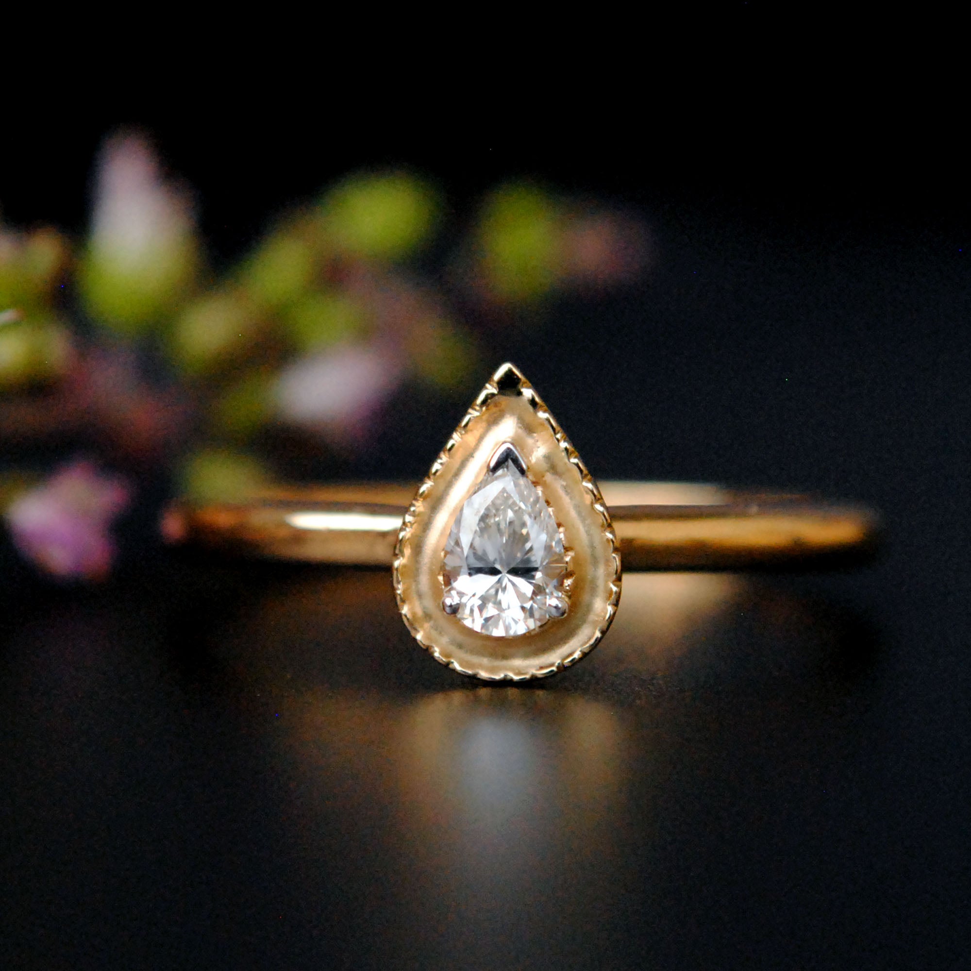 Pear Diamond with Milligrain Gold Halo Engagement Ring