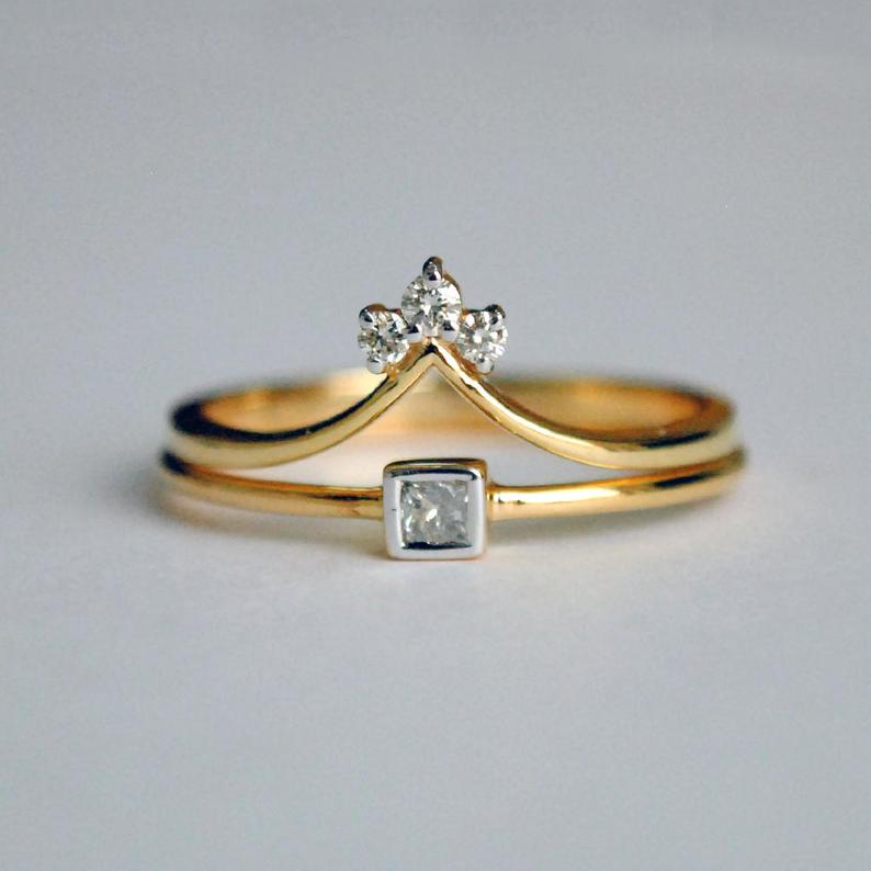 Princess Diamond Engagement Ring Set with 3 Diamond Chevron V Stack Wedding Ring