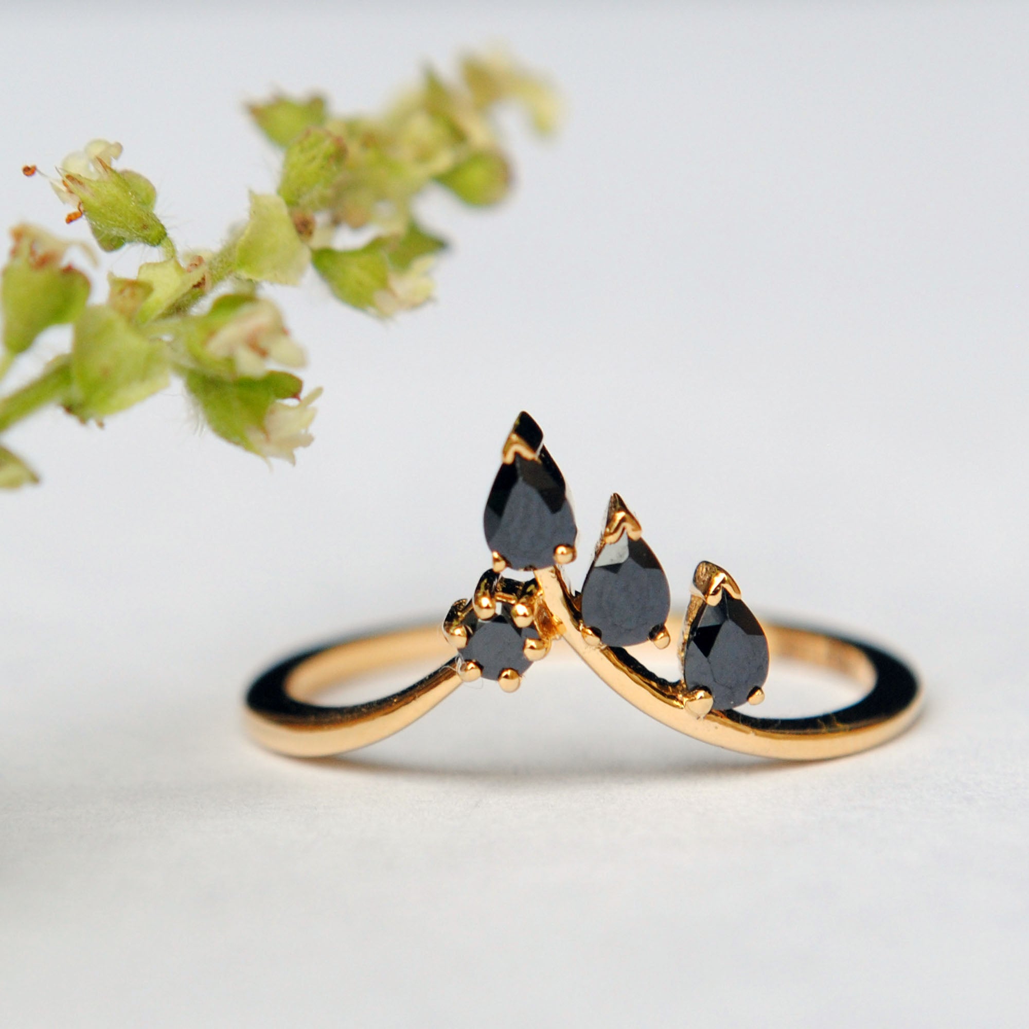 Gold & Black Onyx Leaf  Stackable Chevron Ring