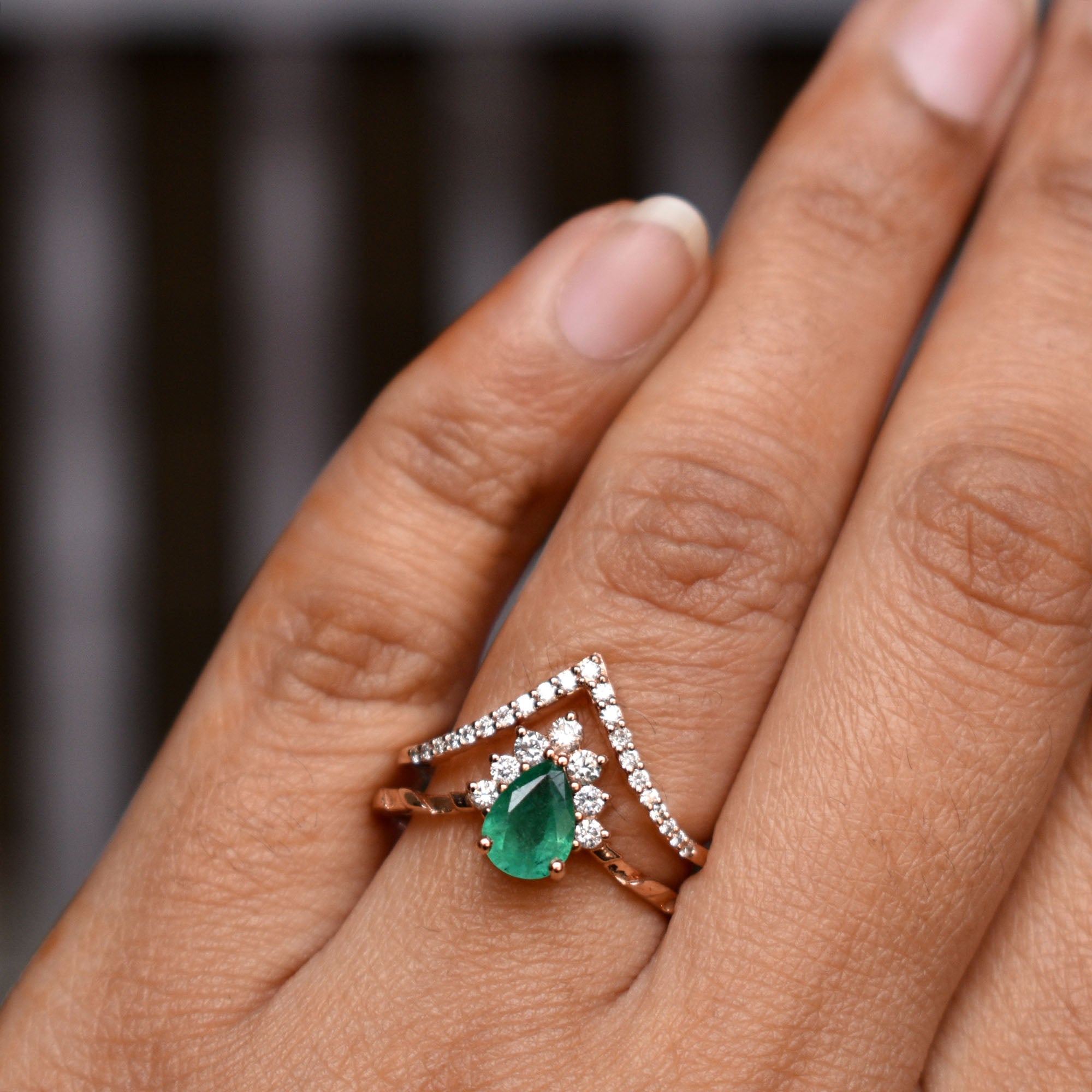 Natural Pear Cut Green Emerald Diamond Interlocking Crossover Bridal Abhika Jewels
