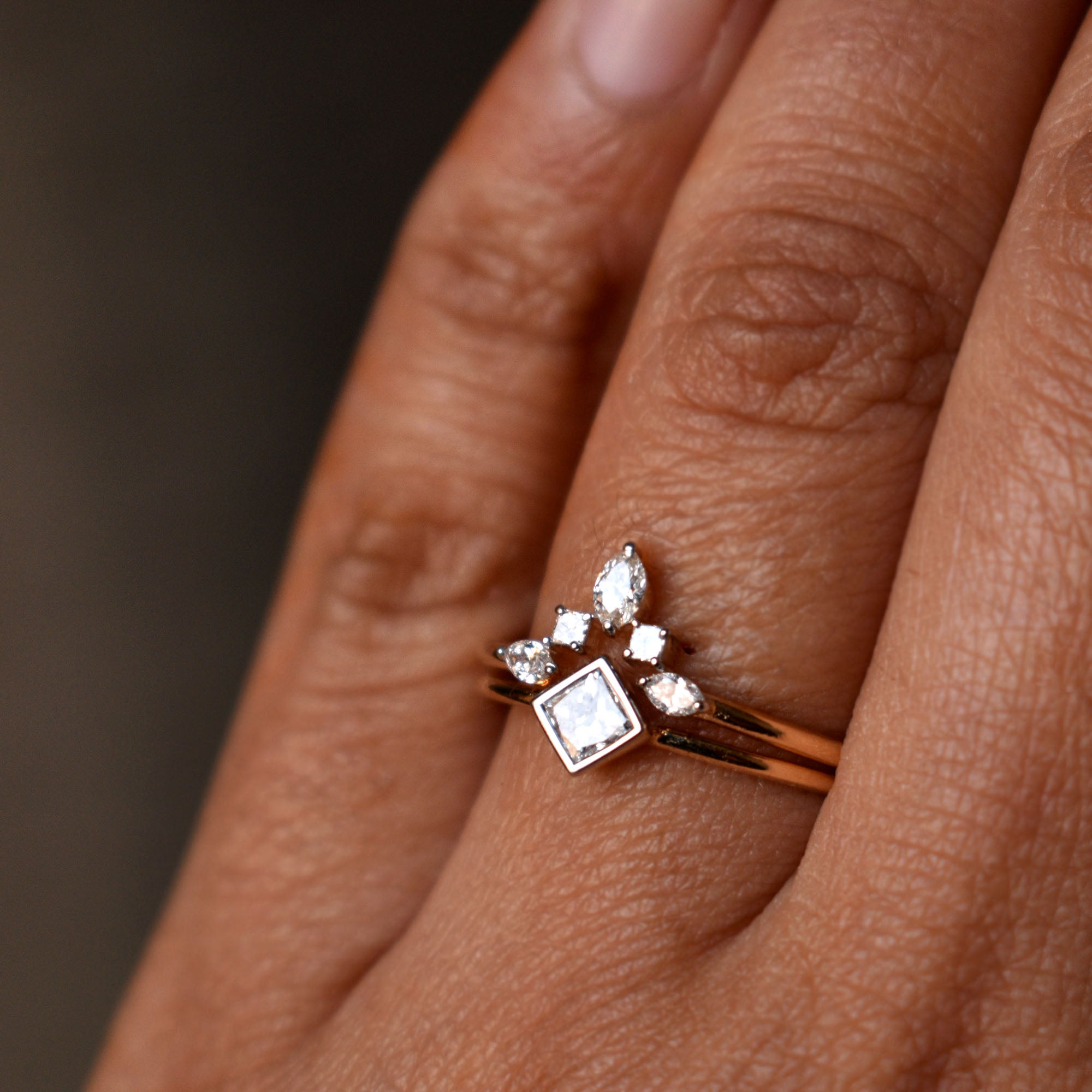 Princess Diamond Wedding Ring Set with Marquise Diamond Chevron V Wedding Band