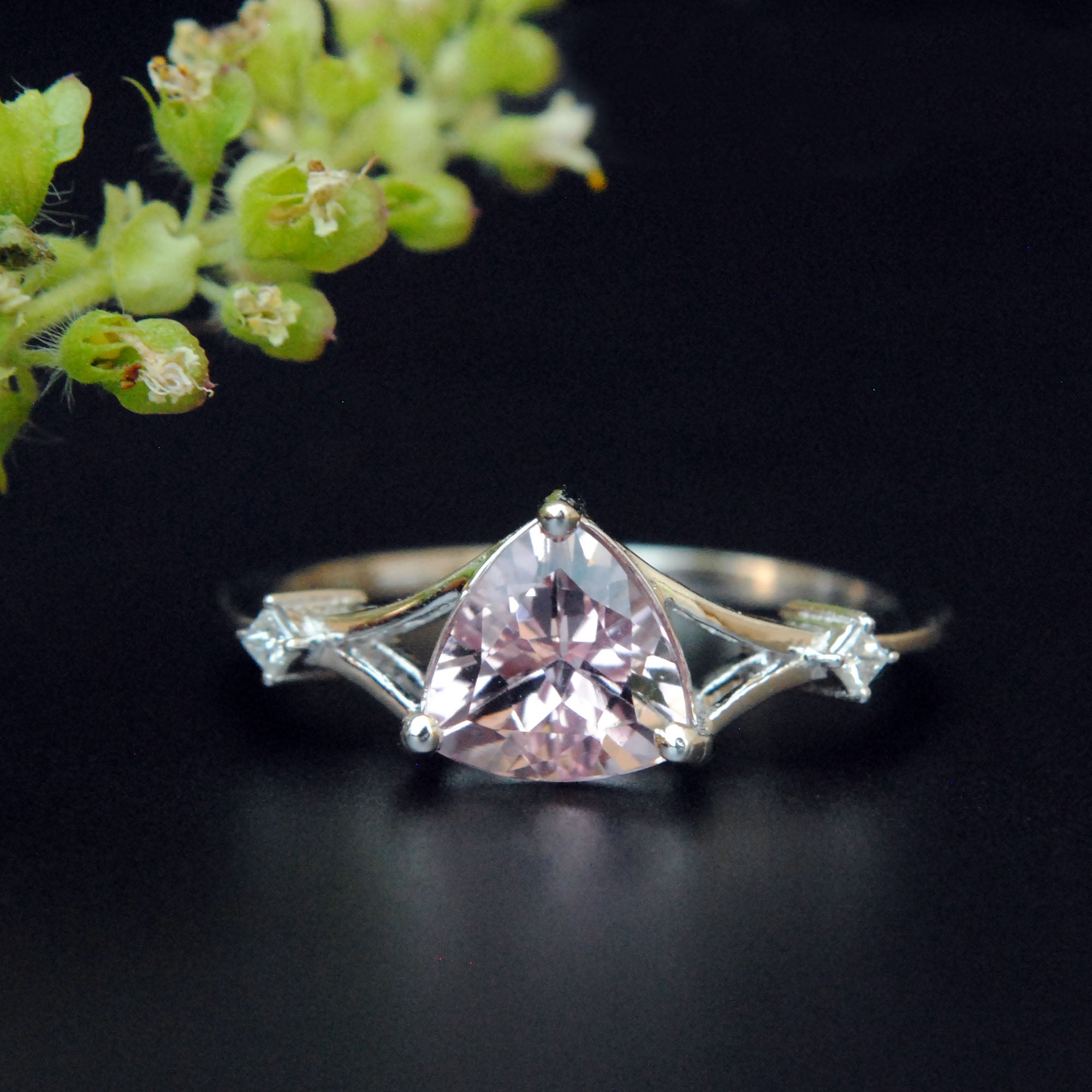 Three Stone Trillion Cut Pink Morganite and Diamond Engagement Ring