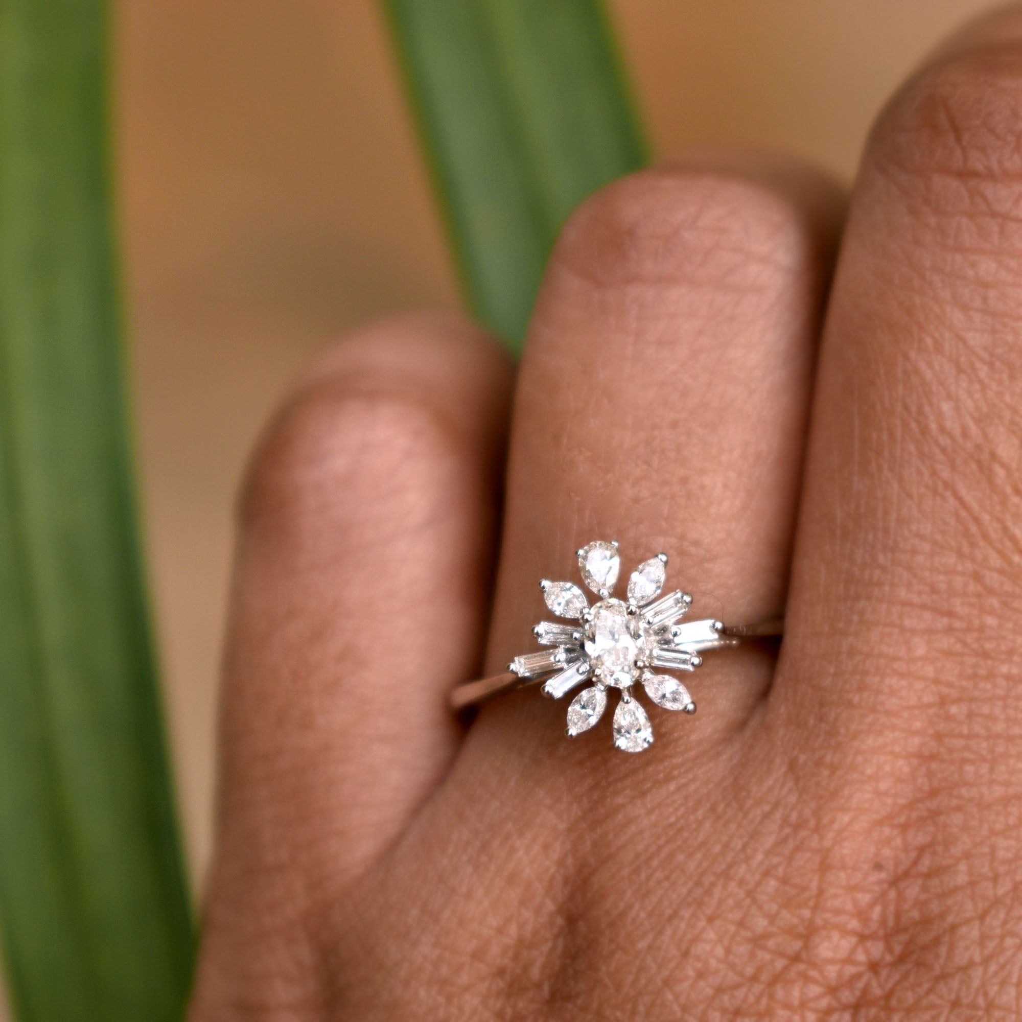 Tegn et billede Busk Velkommen Oval Diamond Engagement Ring with Fancy Cut Diamond Halo - Abhika Jewels