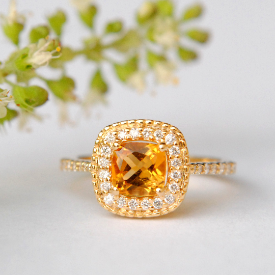 Cushion Citrine with Diamond Halo Engagement Ring