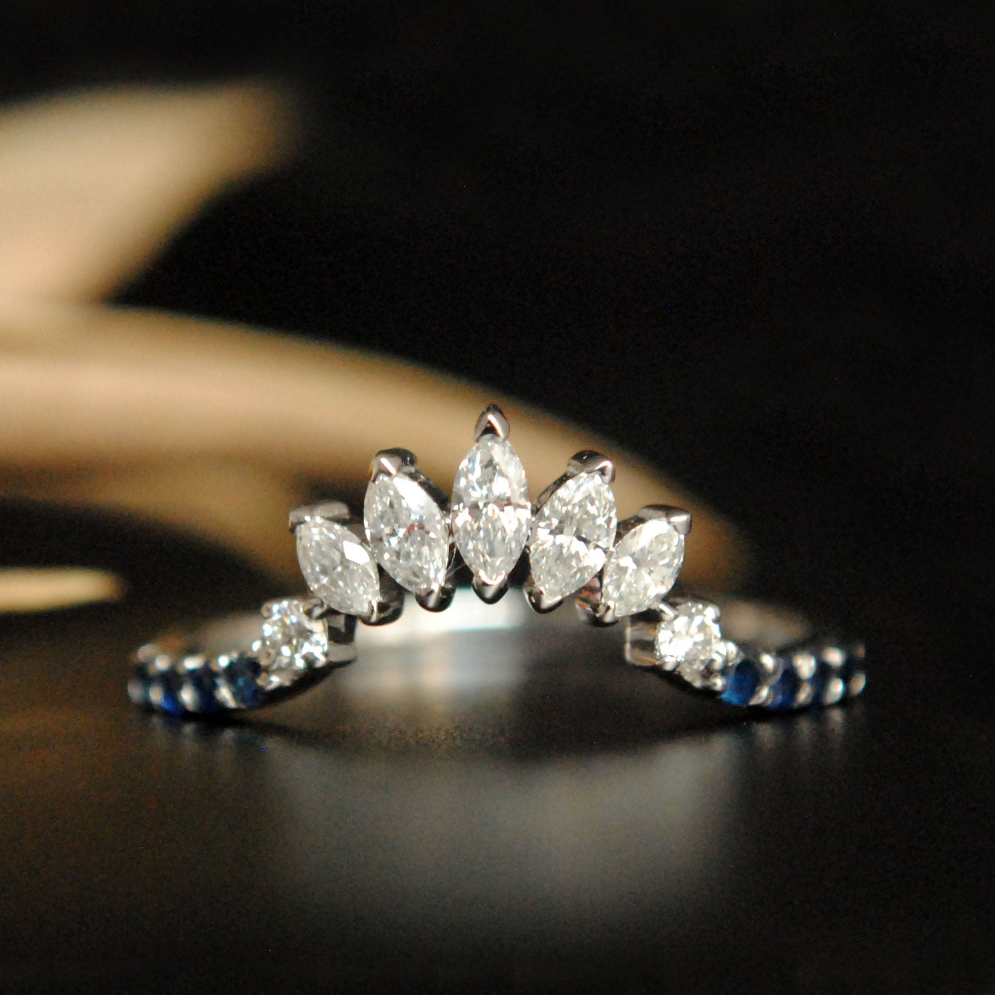 Marquis Diamond and Blue Sapphire Curved Stacking Ring