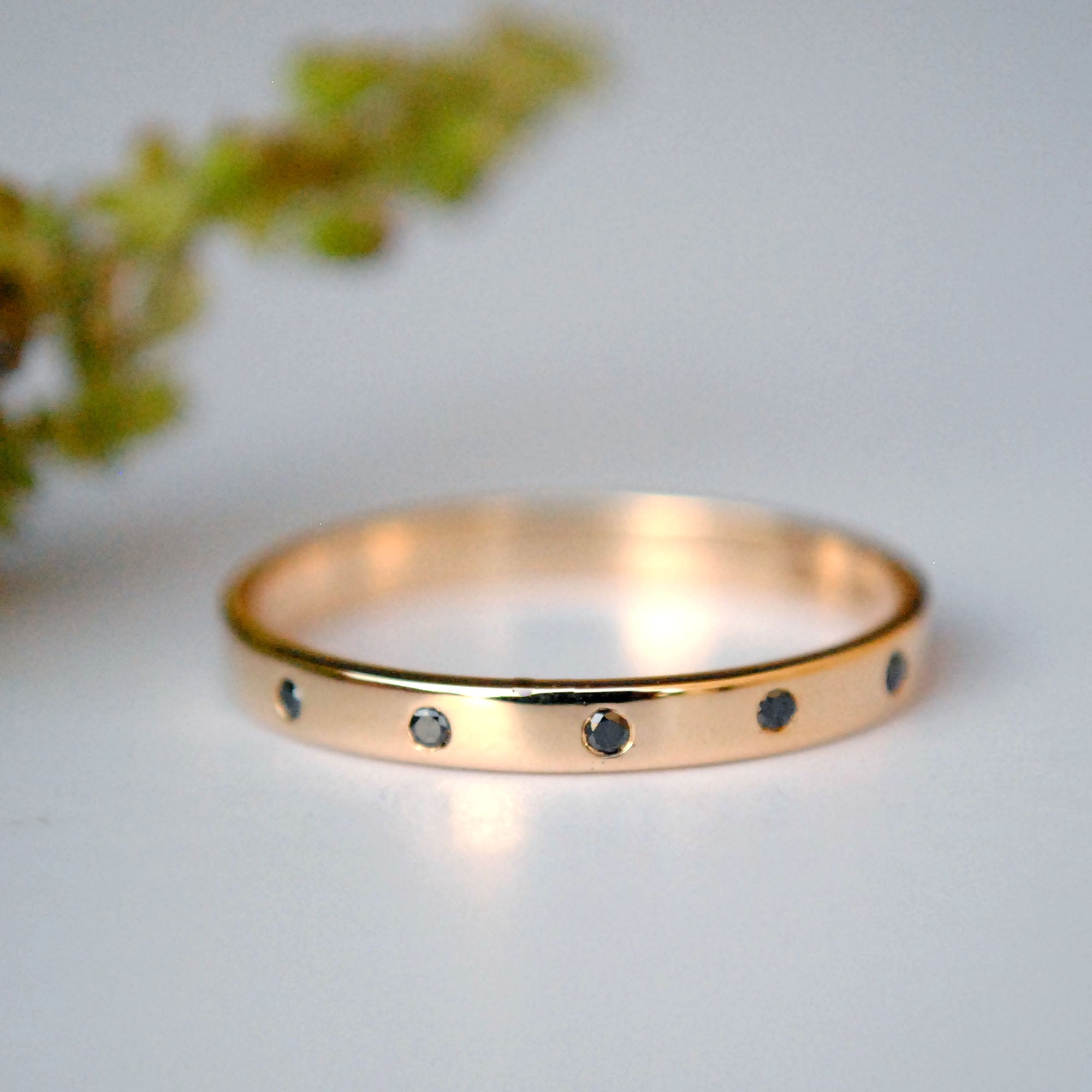 Flush Set Five Black Diamond Straight Wedding Band