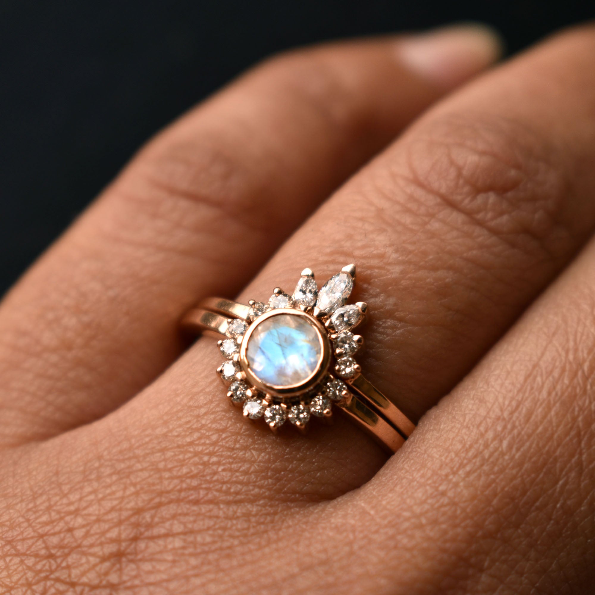 Half Halo Moonstone Engagement Ring and Pear Diamond Wedding Ring Set