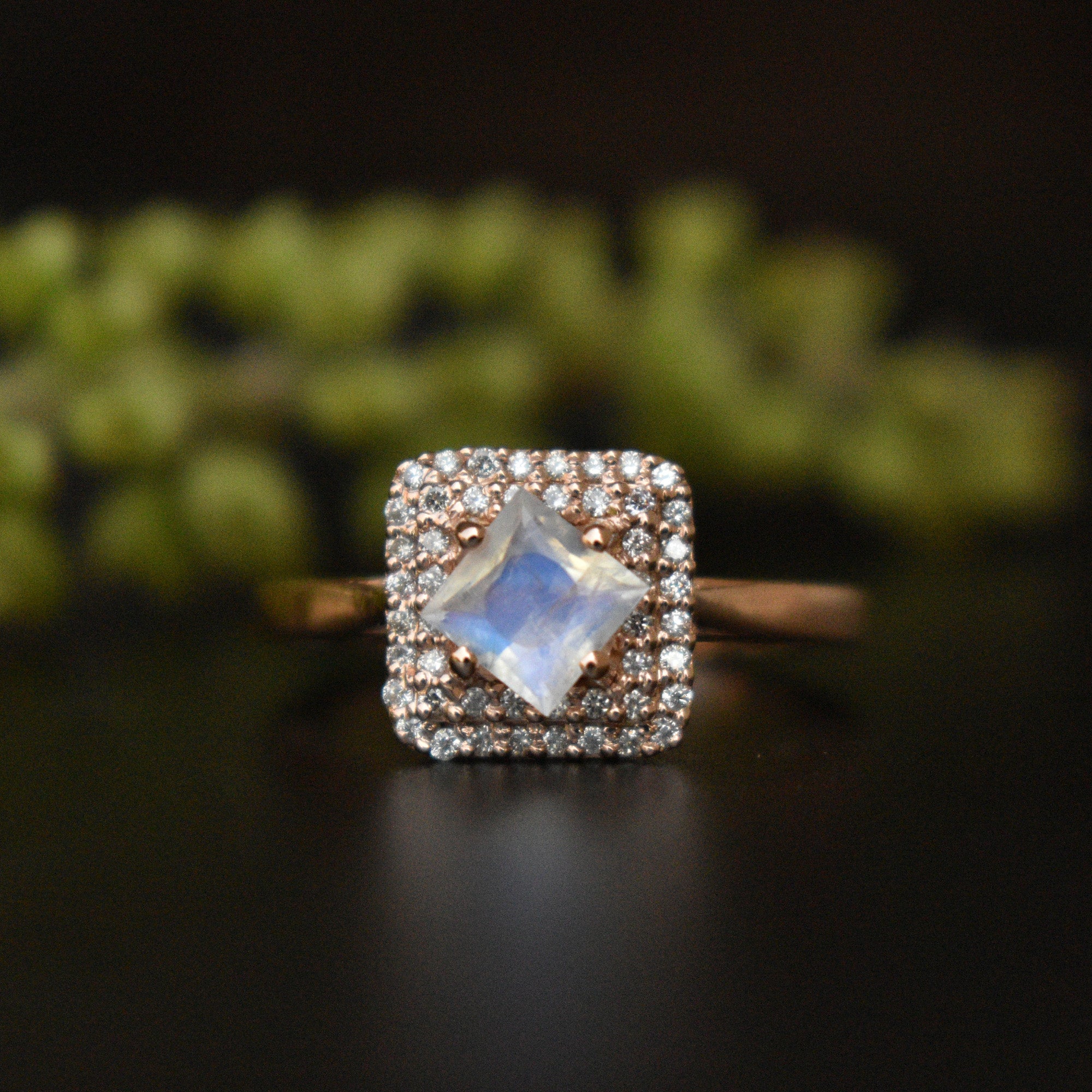 Moonstone Diamond Engagement Ring, Double Halo Ring with Intricate Filigree Shank
