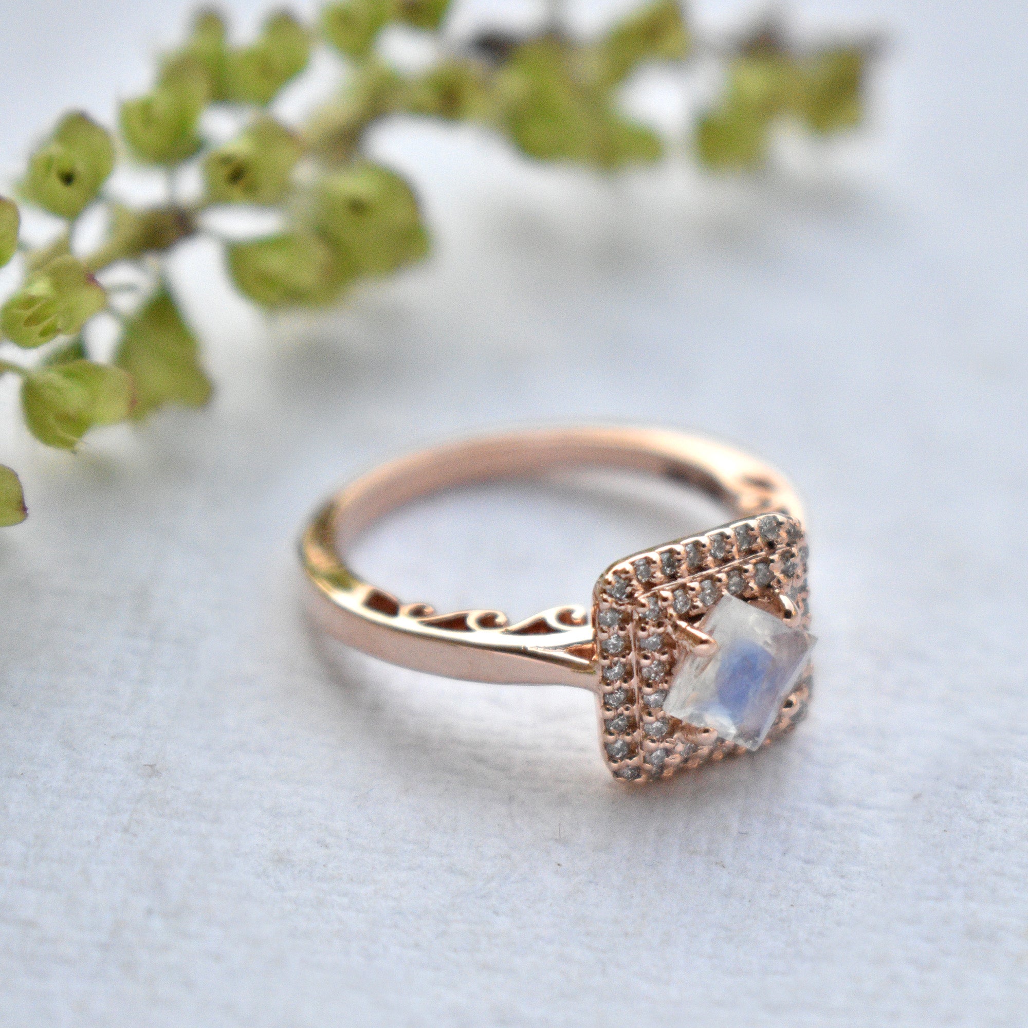 Trio Rainbow Moonstone Engagement Ring | Olivia Ewing