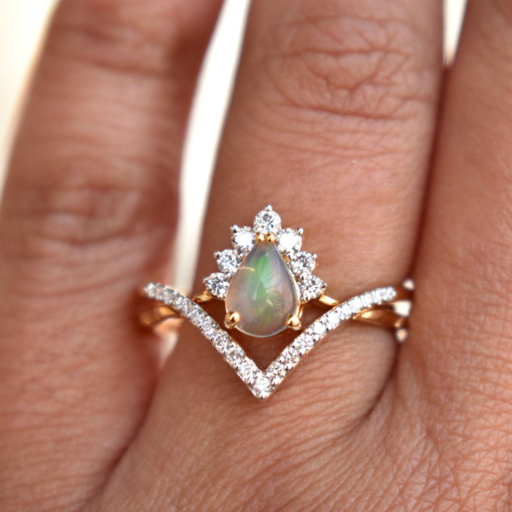 INTERLOCKING Pear Opal & Diamond Wedding Ring Set