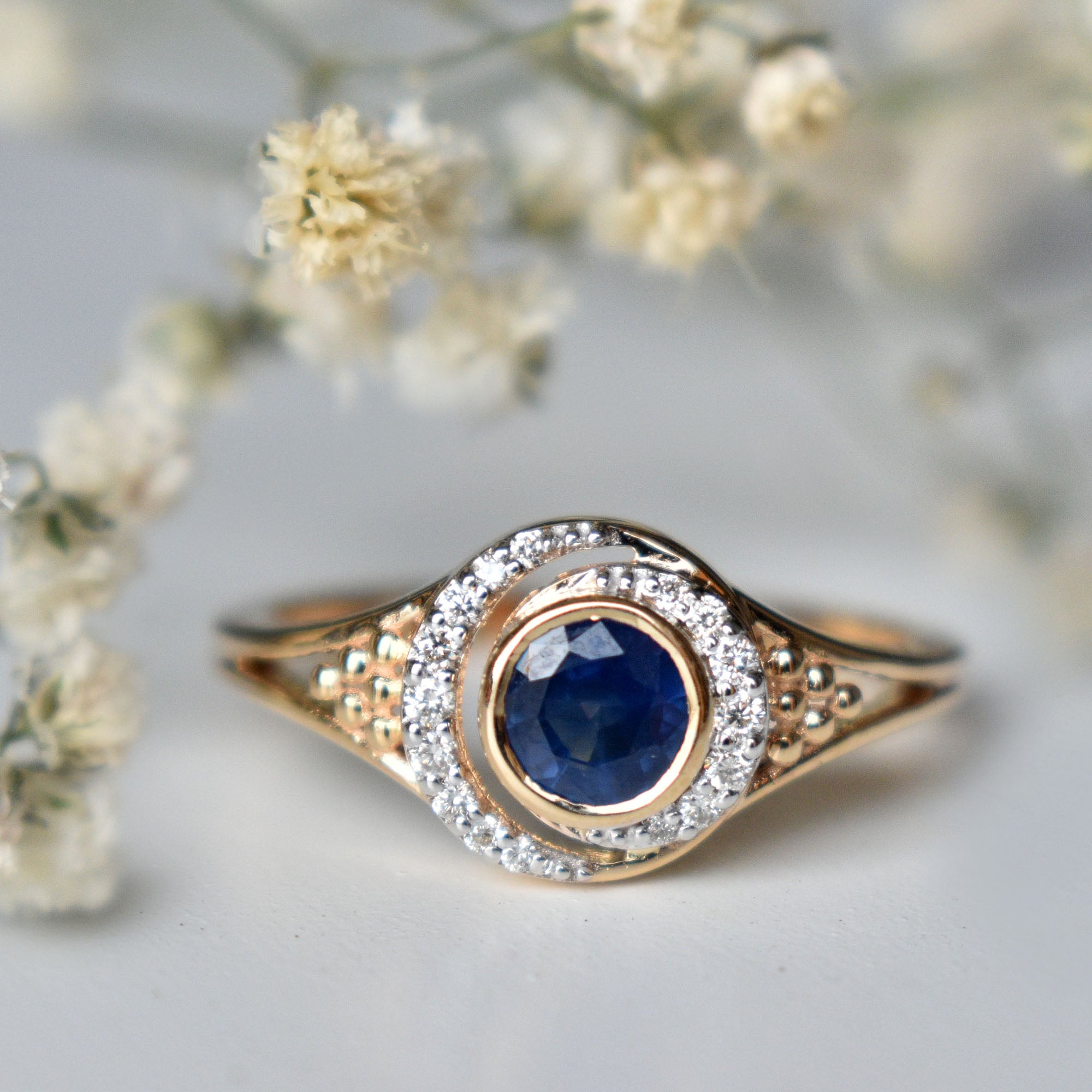 Blue Sapphire & Double Diamond Halo Engagement Ring