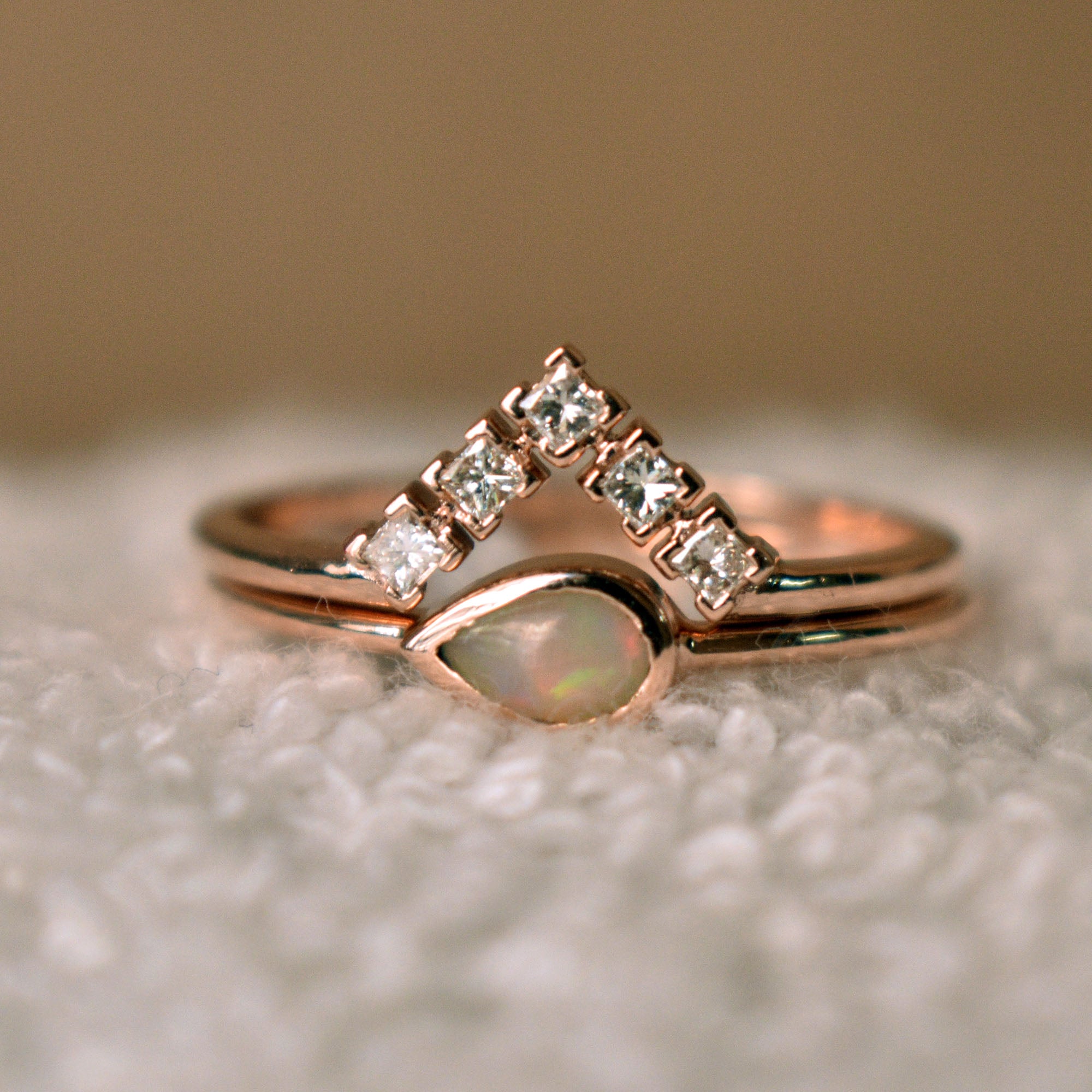 Pear Opal Engagement Ring with Princess Diamond V Stack Band