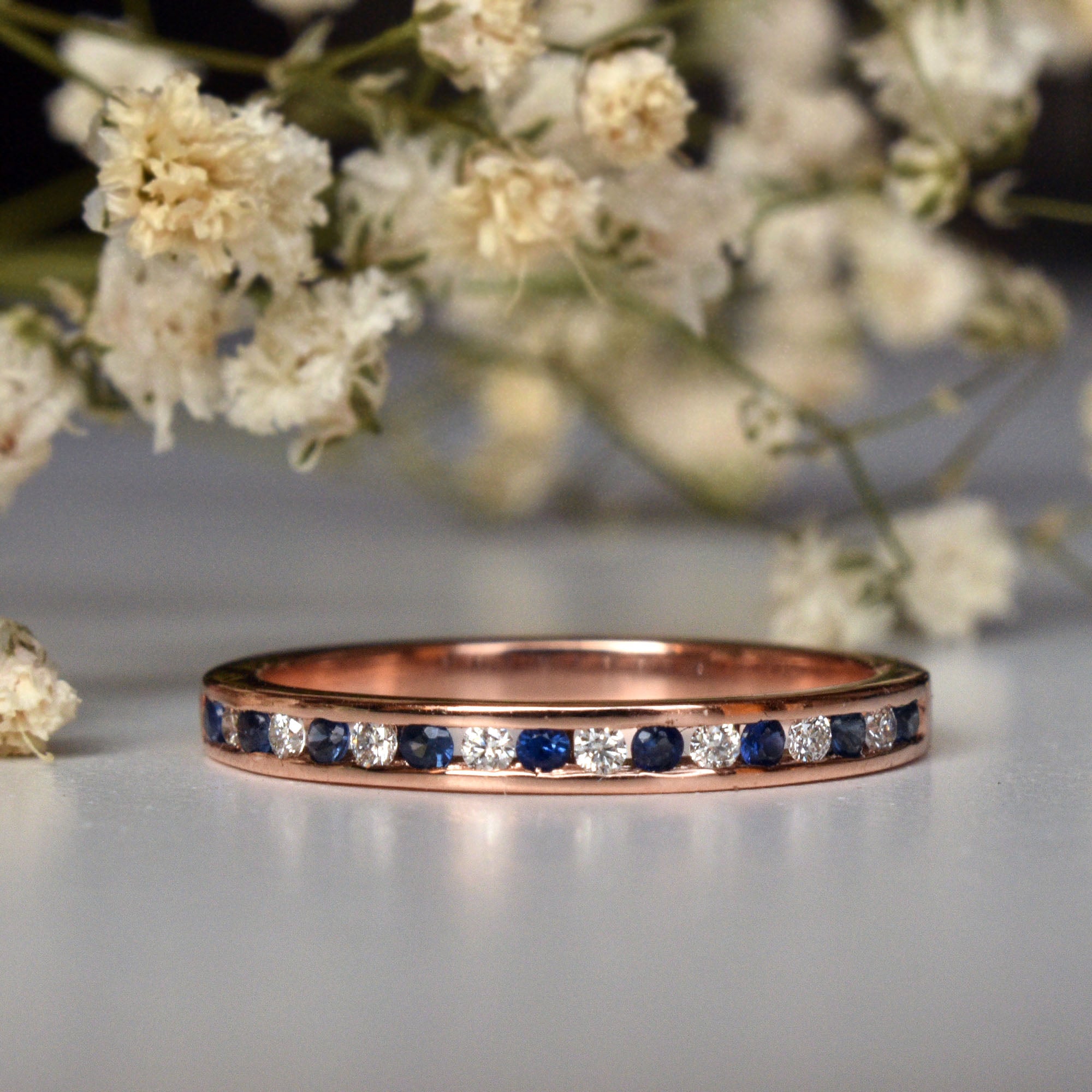 2mm Channel Set Diamond and Blue Sapphire Wedding Band