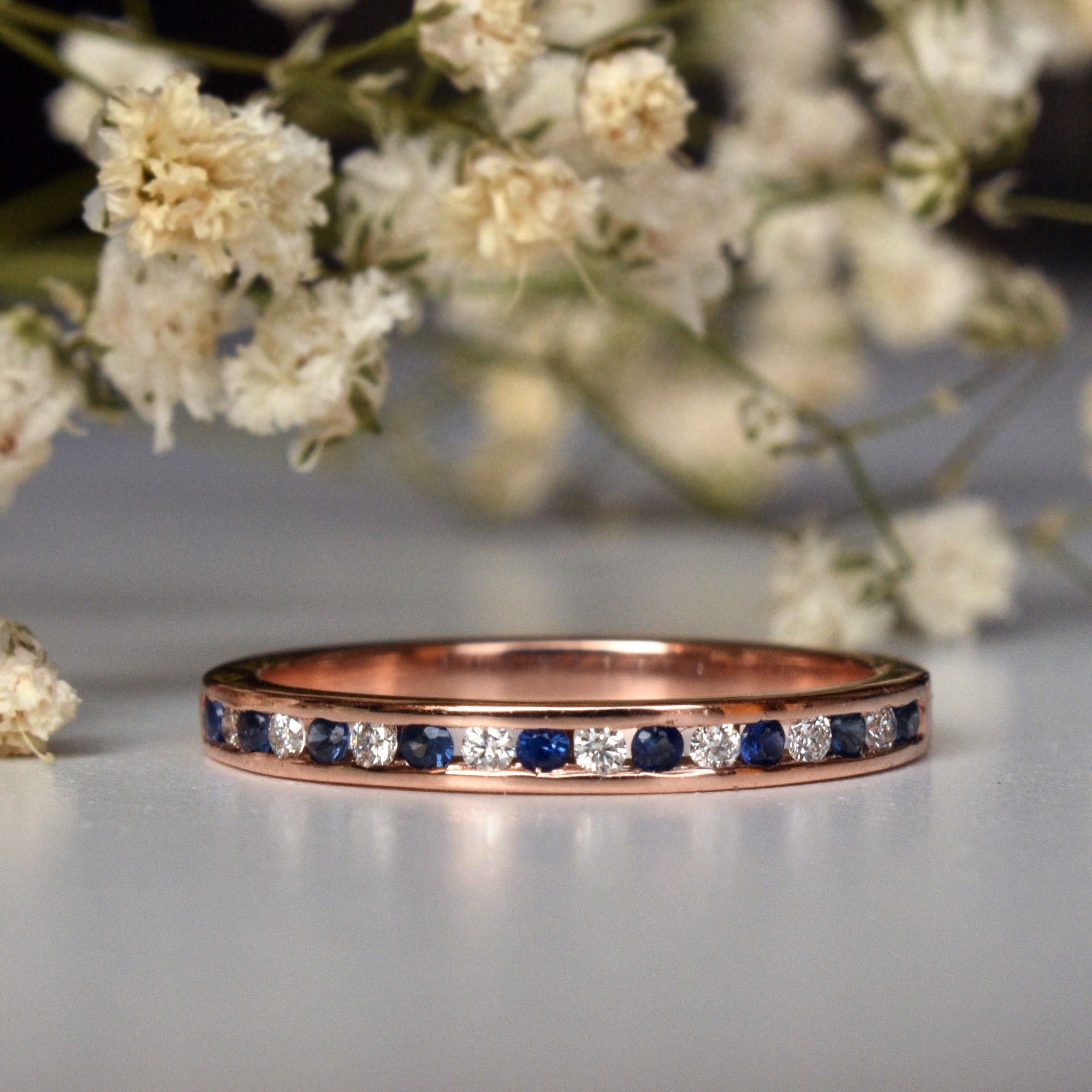 Channel Set Diamond and Blue Sapphire Wedding 2mm Band