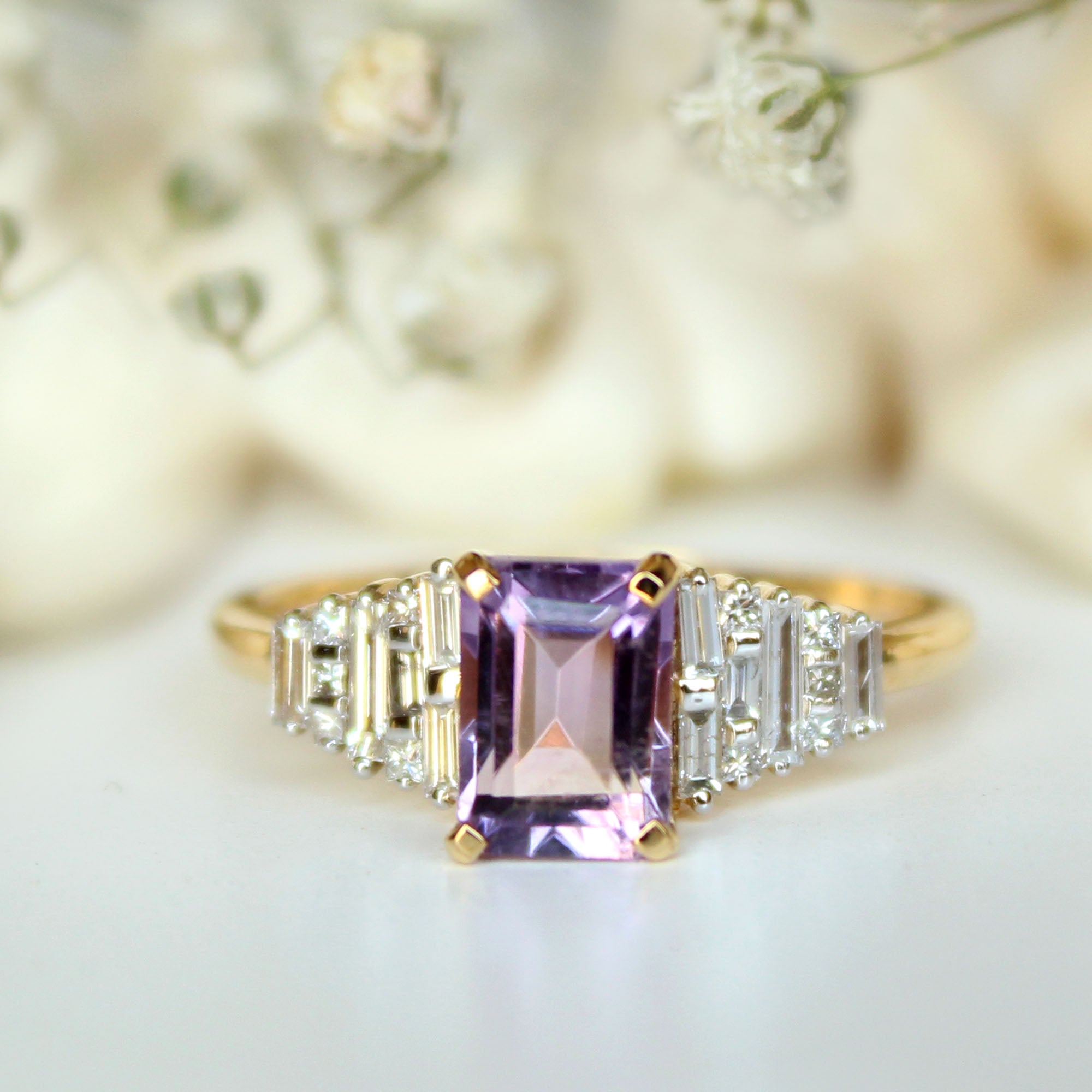 Art Deco Amethyst & Diamond Engagement Ring with Baguette Cut Diamond