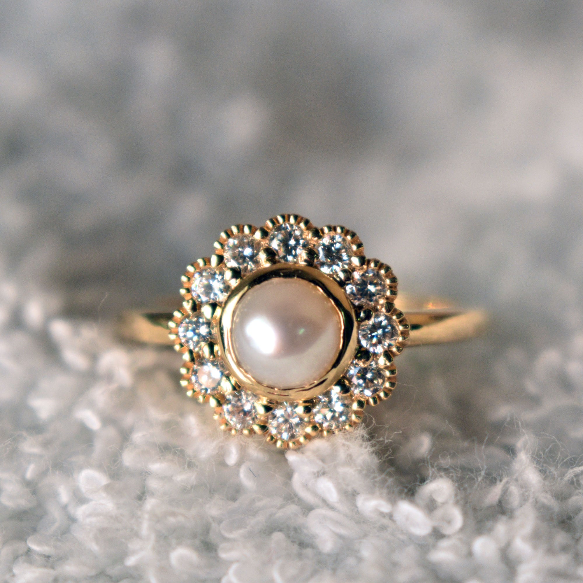 Pearl Engagement Ring with Diamond Halo and  Floral Milgrain Scallop
