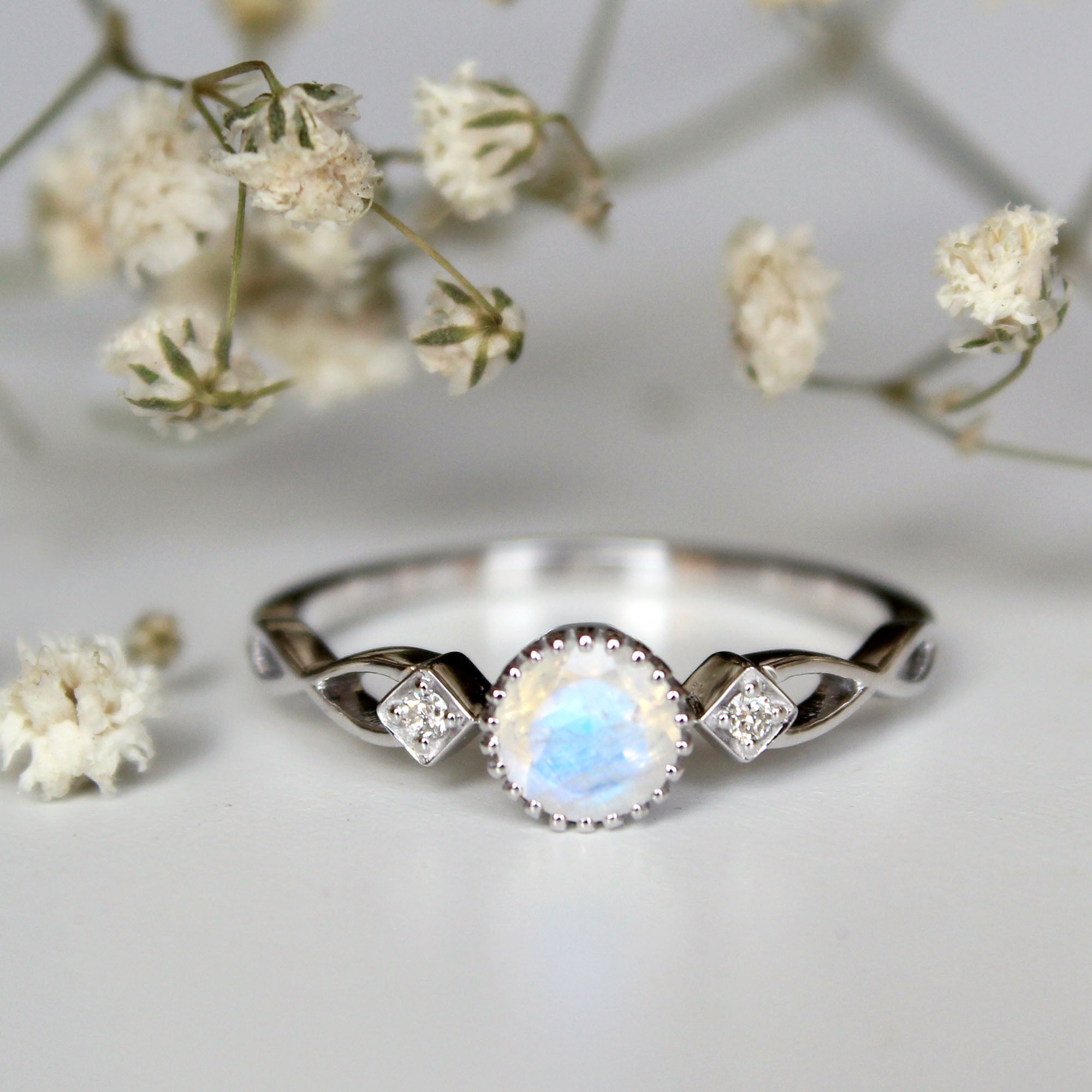 3 Stone Rainbow Moonstone and Diamond Ring