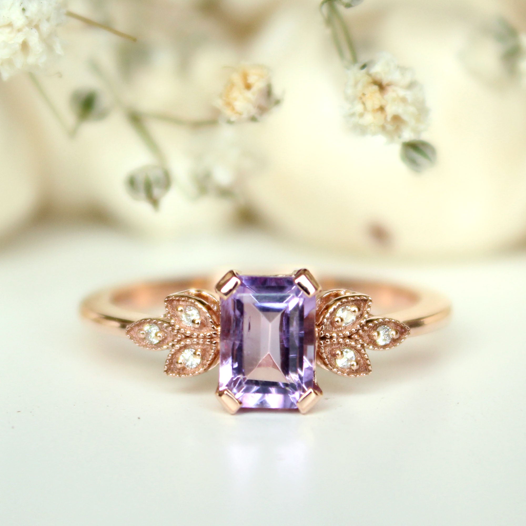 Emerald Cut Amethyst with Miligrain Leaves Diamond Engagement Ring