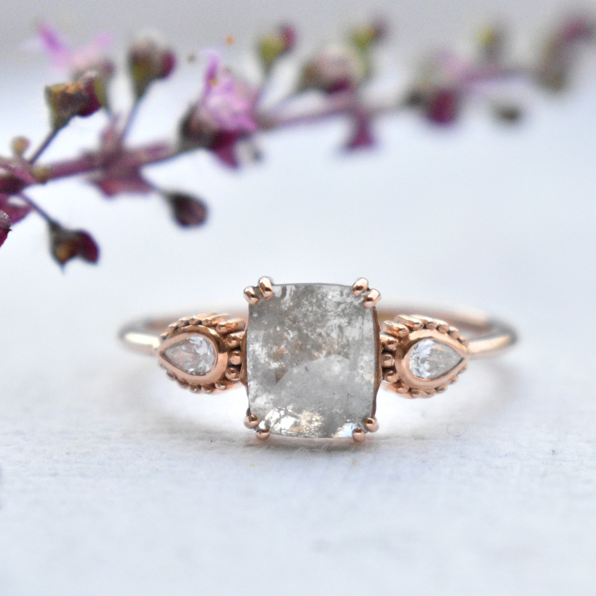 Three Stone Celestial Grey Rose Cut Diamond Engagement Ring